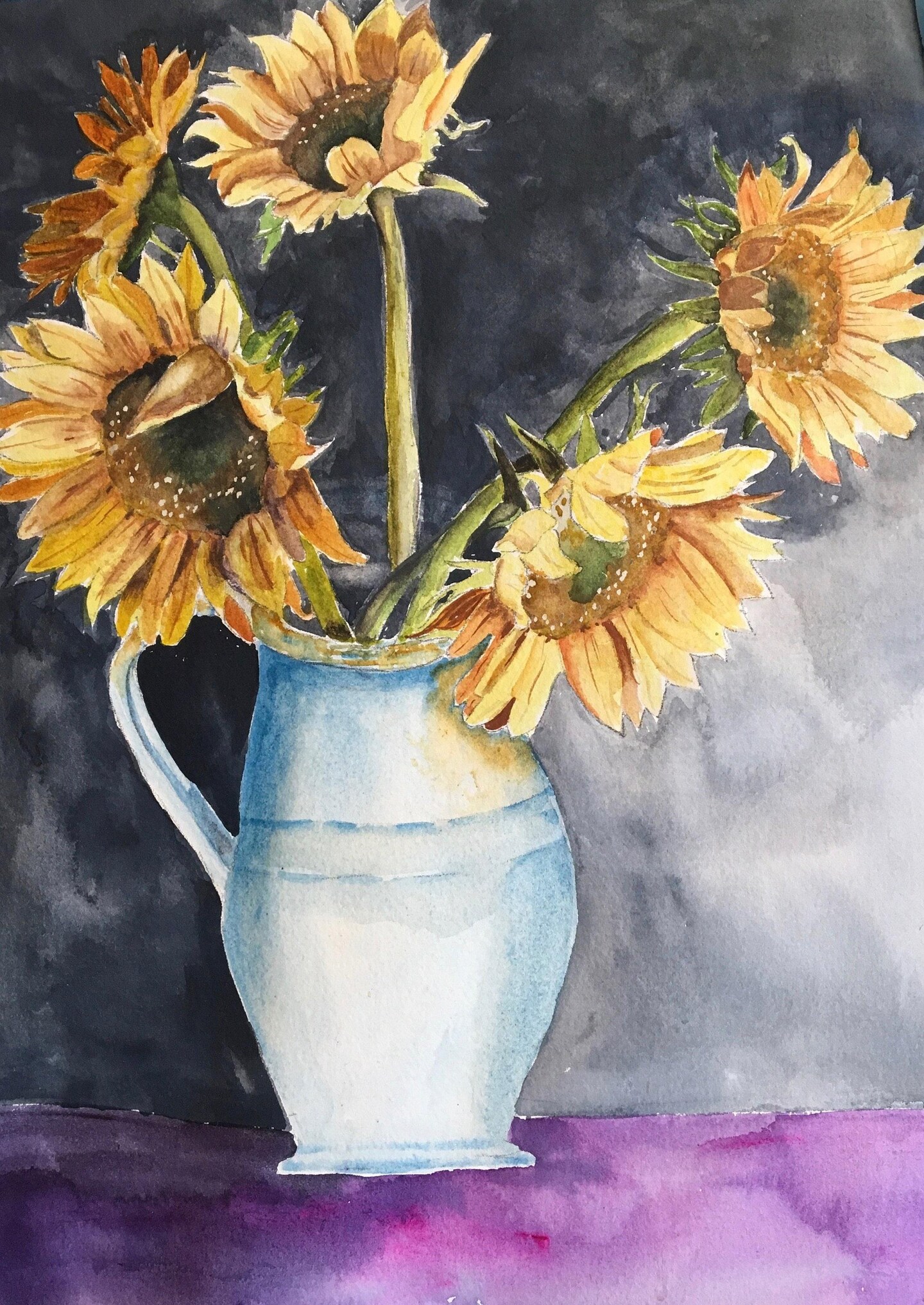 Sunflower Original Watercolor Painting. Vase of Sunflowers