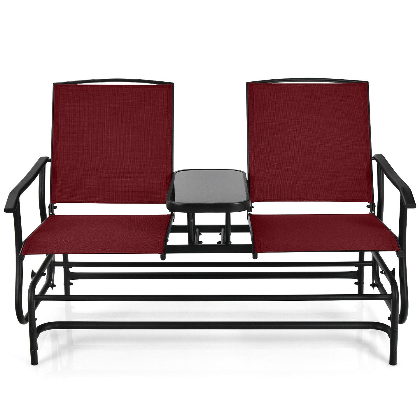 Comfortable 2-Person Double Rocking Loveseat with Glass Table and Armrests