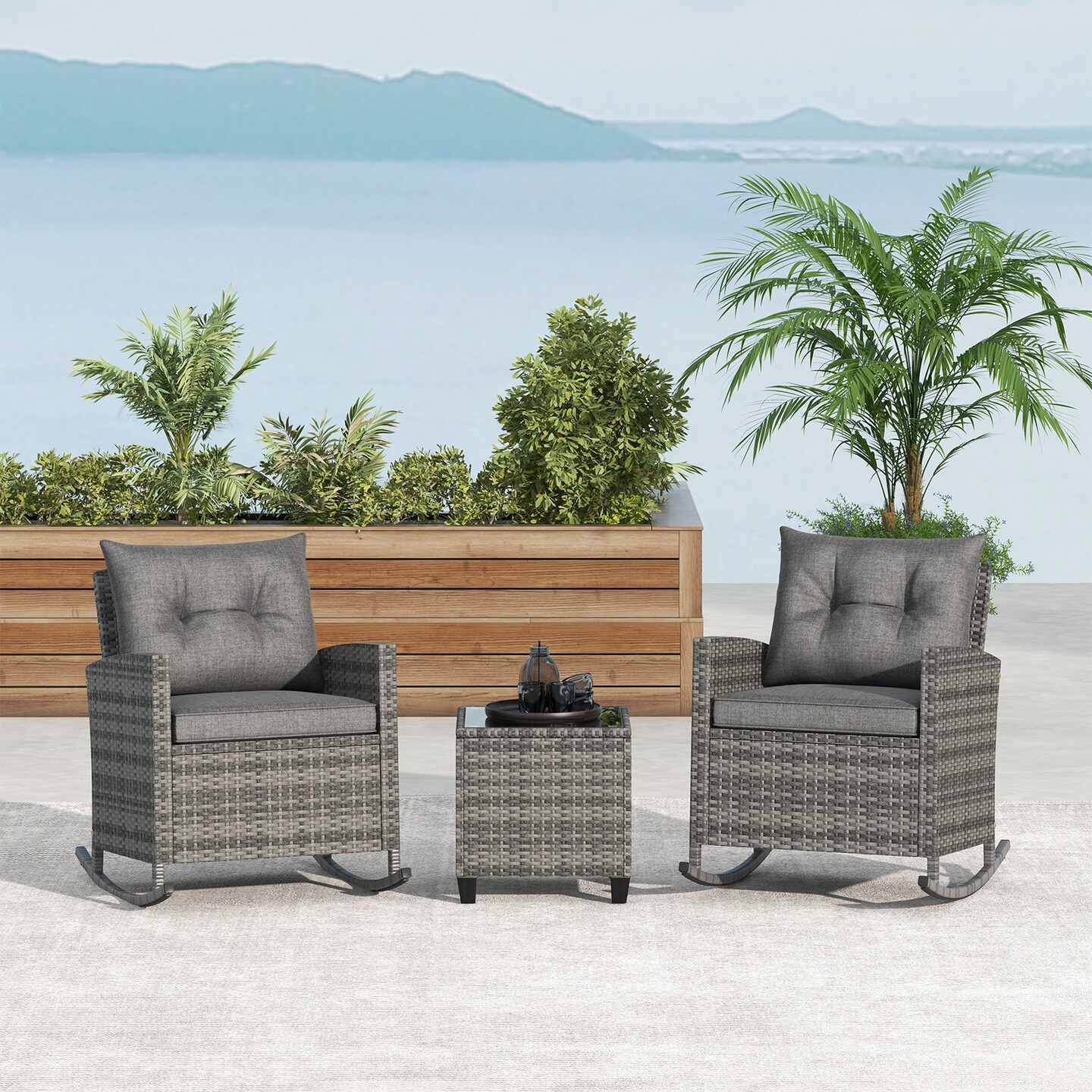 Outdoor Rattan Rocker Chair Set with Cushions and Coffee Table