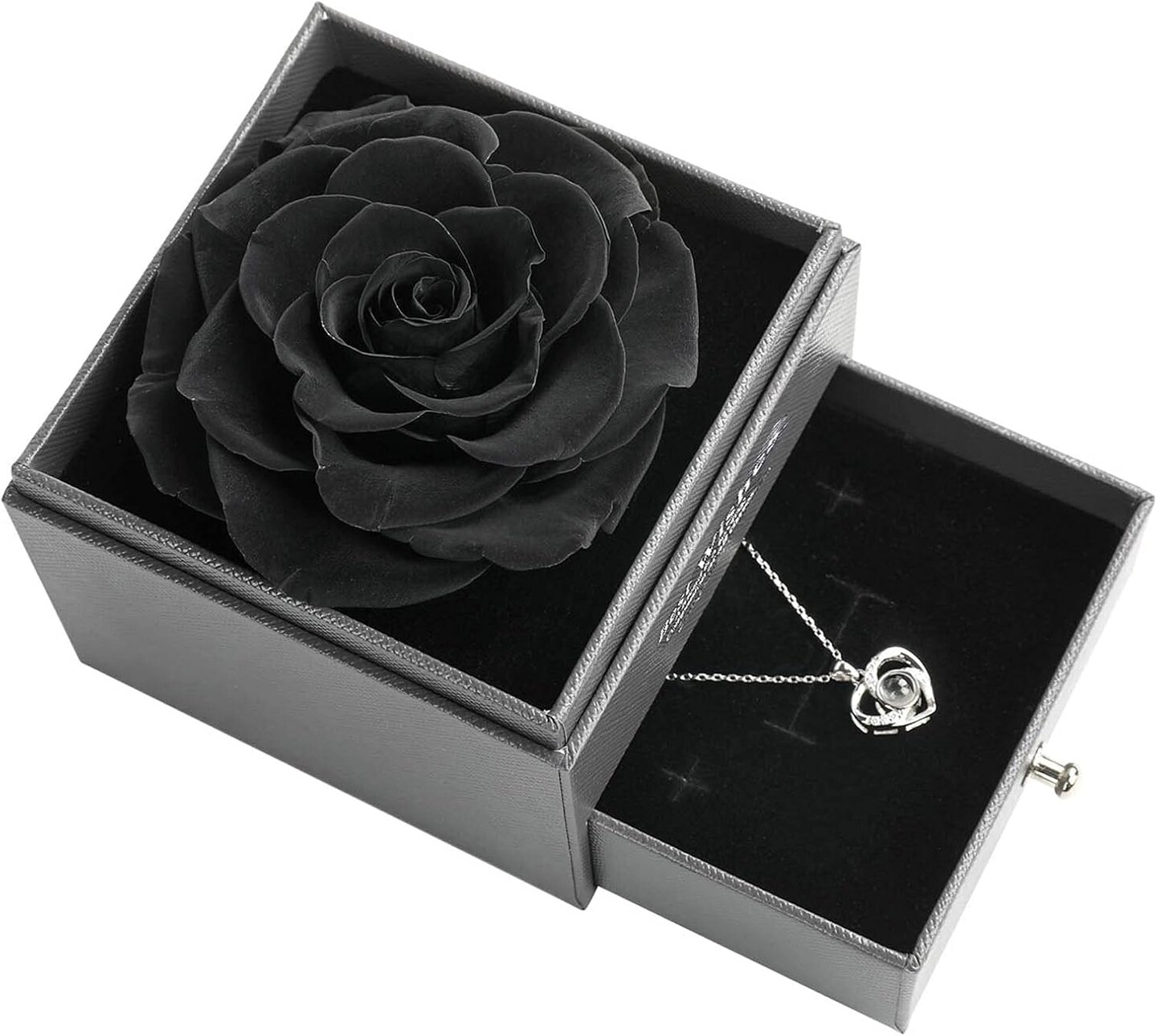 Preserved Real Rose with Heart Necklace I Love You in 100 Languages(Black)