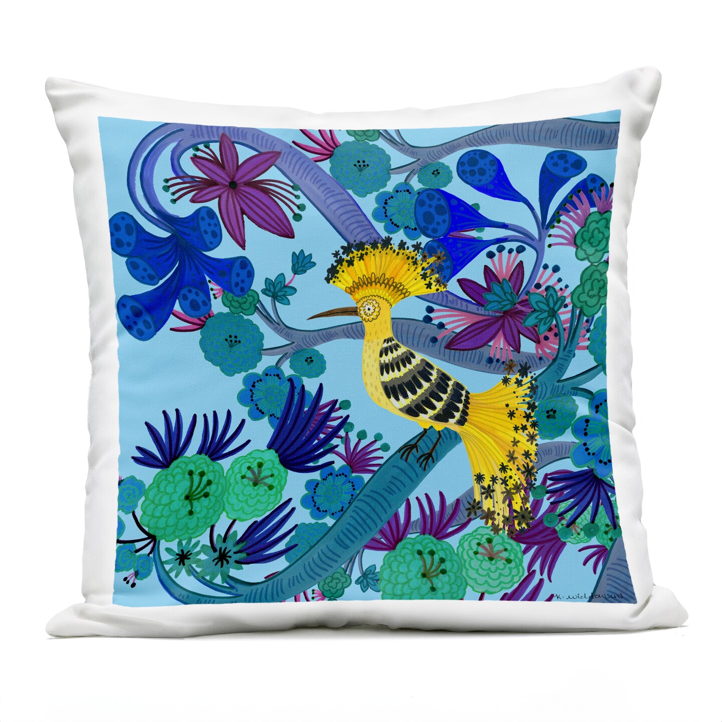 Stupell Industries Whimsical Yellow Bird & Flowers Outdoor Printed Pillow design by Kay Widdowson, 18 x 7 x 18