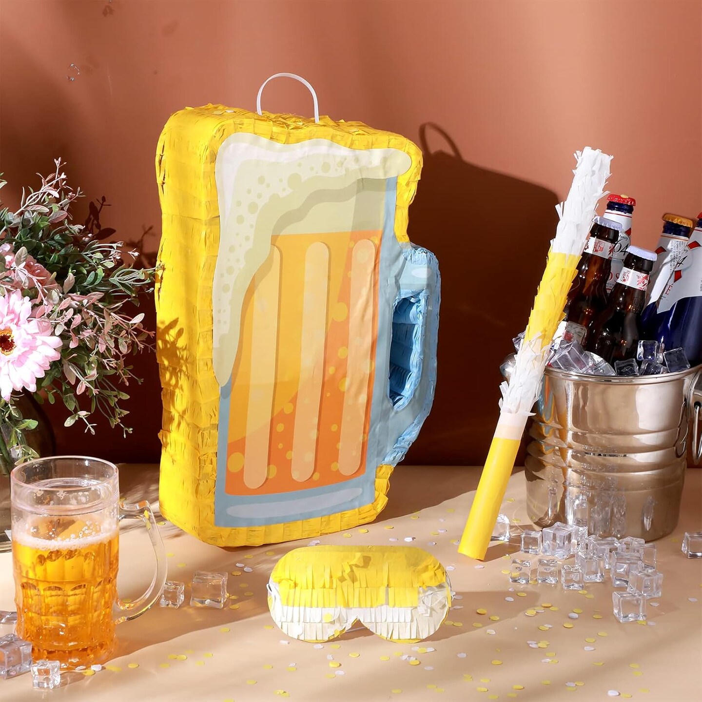 Beer Pi&#xF1;ata with Stick and Blindfold Confetti Cheers to Beers Glass Mug Hanging Decoration Mexican Pi&#xF1;atas for Adult Birthday Bachelor Party Game Supplies (Lovely)