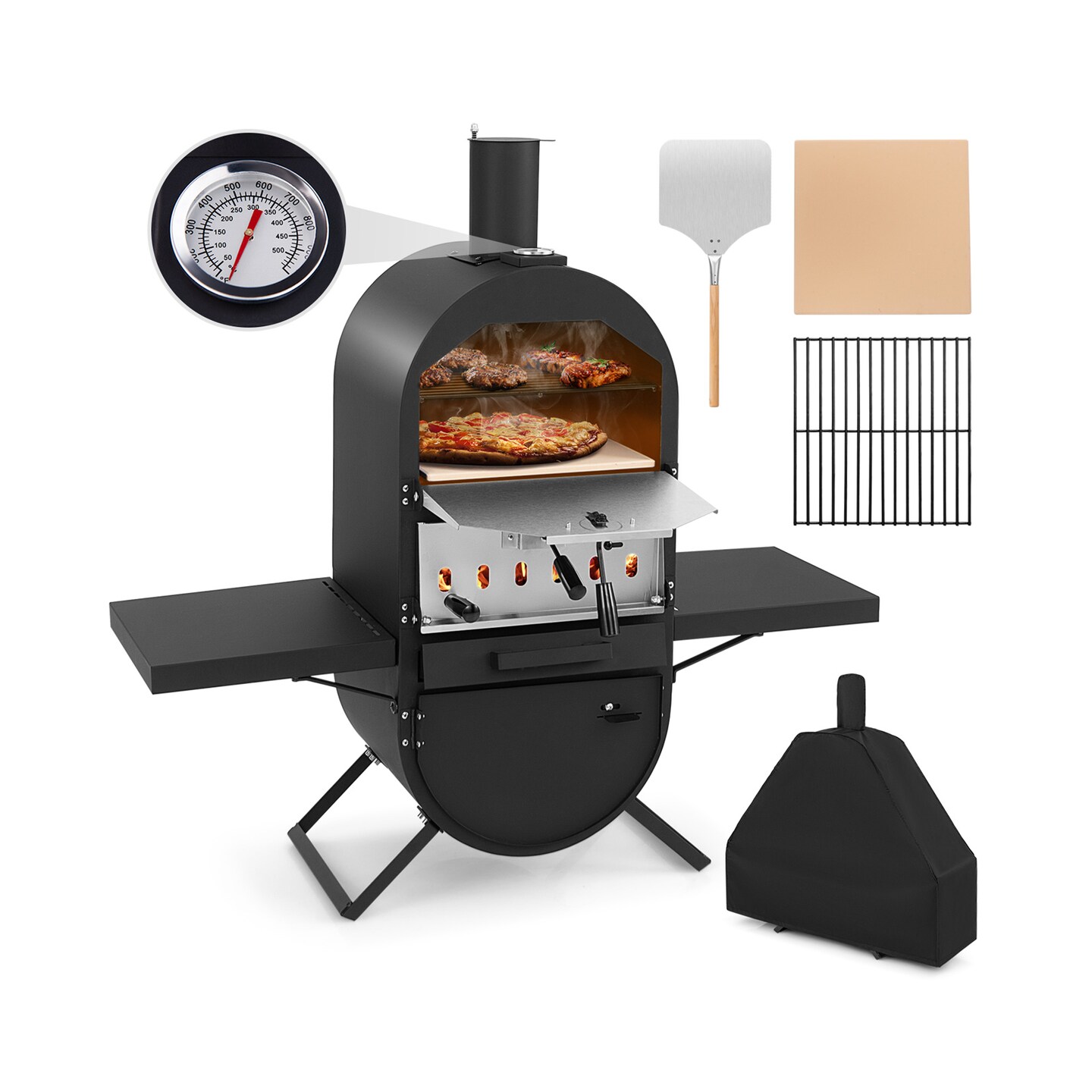 Compact Outdoor Wood-Fired Pizza Oven with Thermometer, Dual Cooking Layers &#x26; Accessories