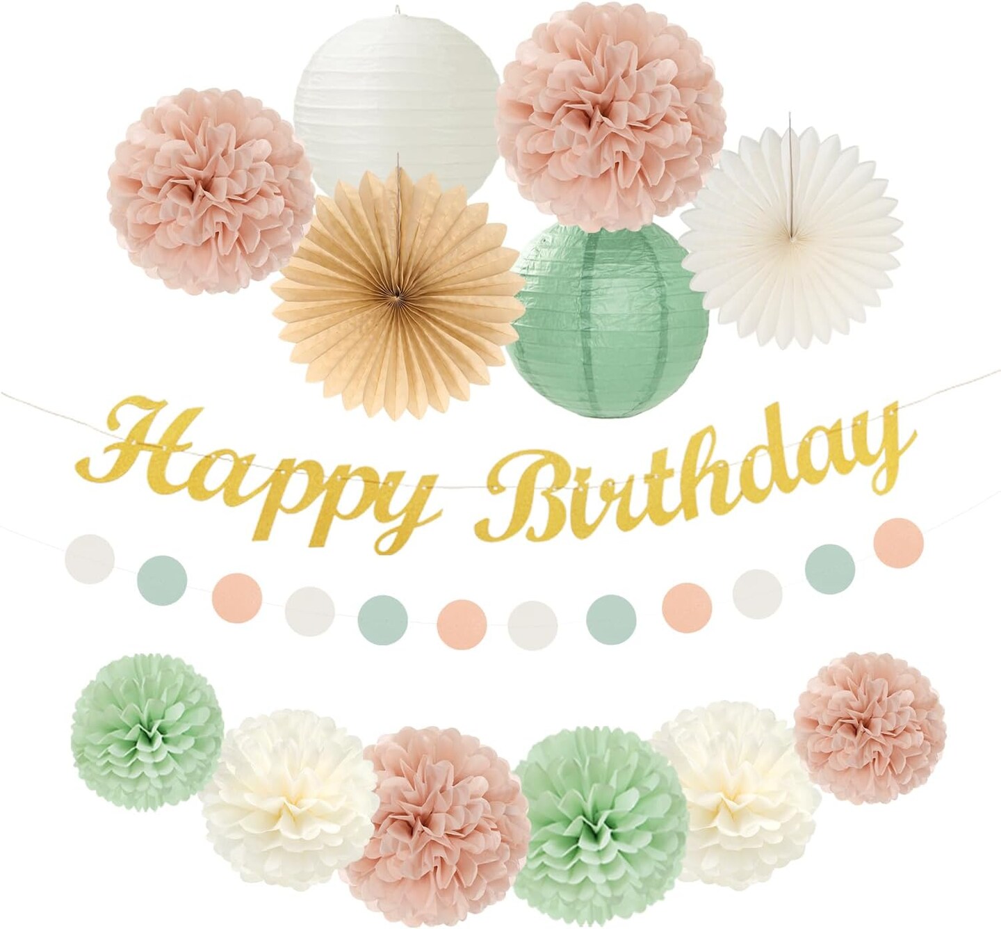 14pcs Happy Banner 21st Spring Paper Flowers Lanterns Beige Tissue Pom Poms(Sage-green Blush-beige)