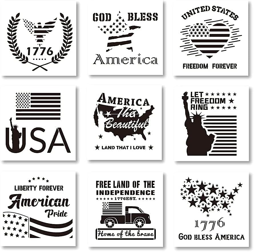 9 Piece Patriotic America Flag Stencils (10x10 Inch)