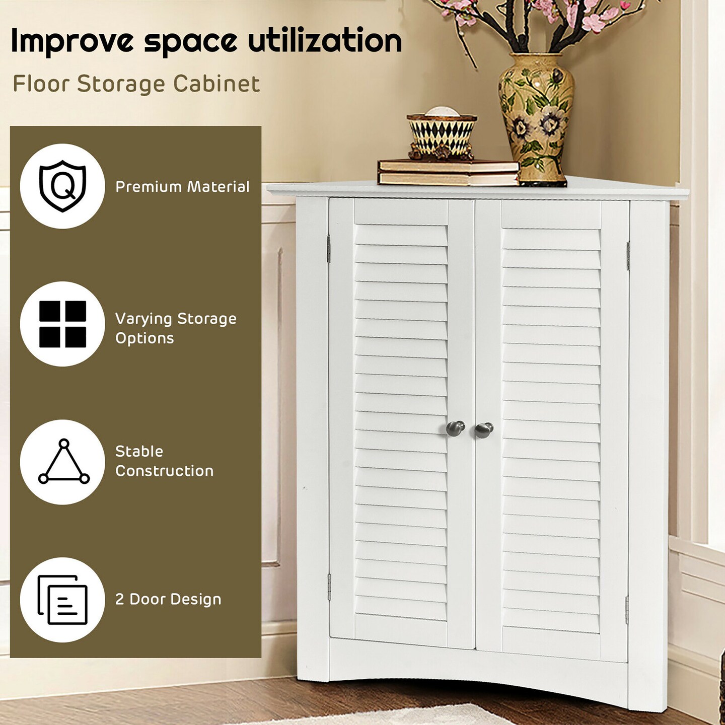 Costway Corner Storage Cabinet Freestanding Floor Cabinet Bathroom w/ Shutter Door White