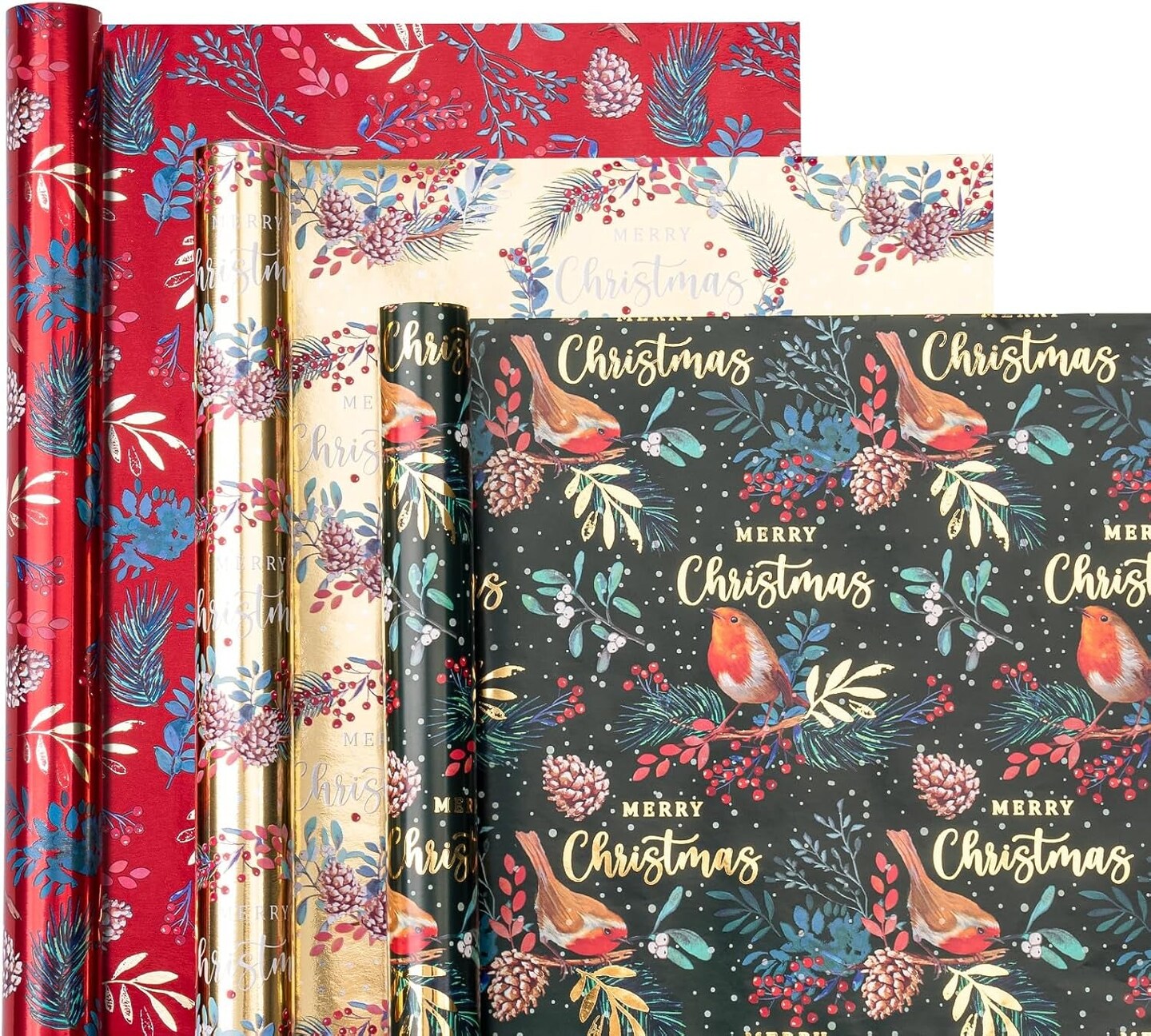 Christmas Wrapping Paper Roll - Mini Roll - 3 Rolls - 17 Inch X 120 Inch per Roll - Bird, Holly and Pinecones Holiday Design with Metallic Foil Shine