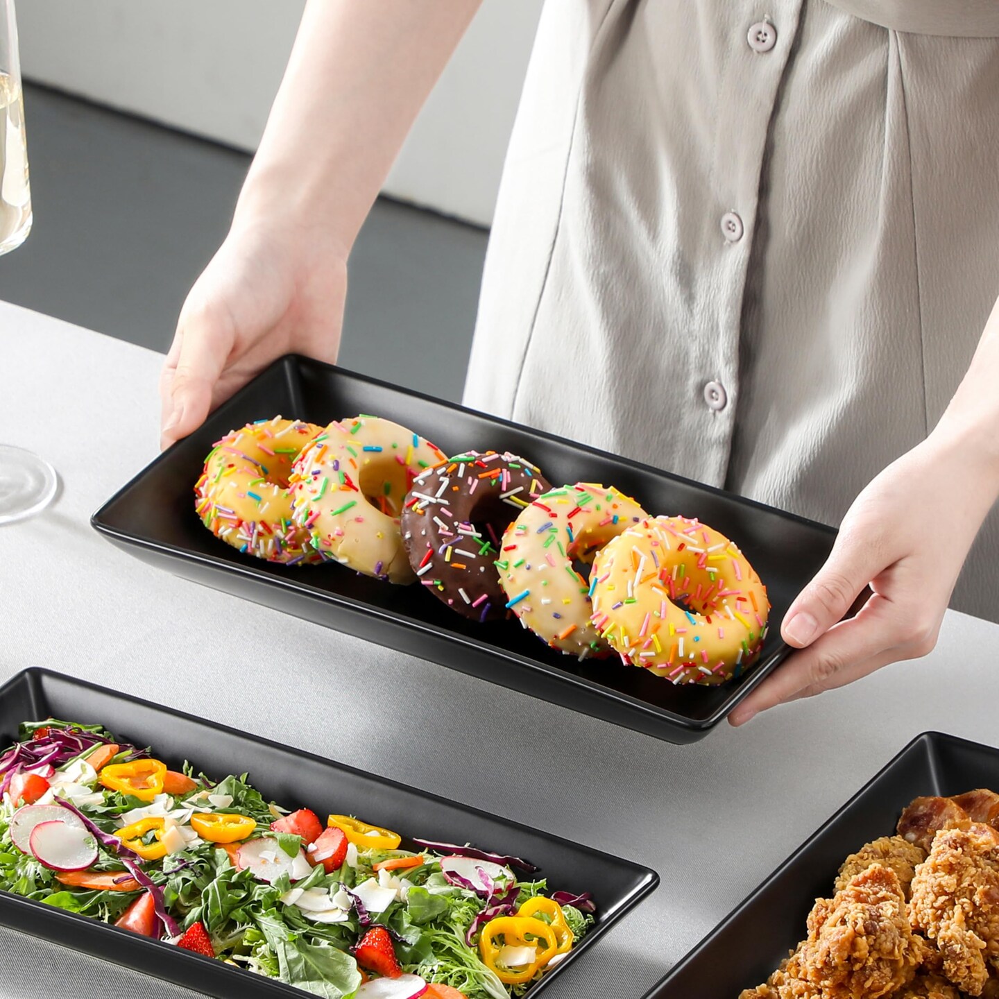 3 Tier Serving Tray, Porcelain Tiered Serving Trays Platters, 12 Inch Serving Stand with Platters,Black Dessert Stand with Collapsible Sturdier Metal Rack,Series PLAT