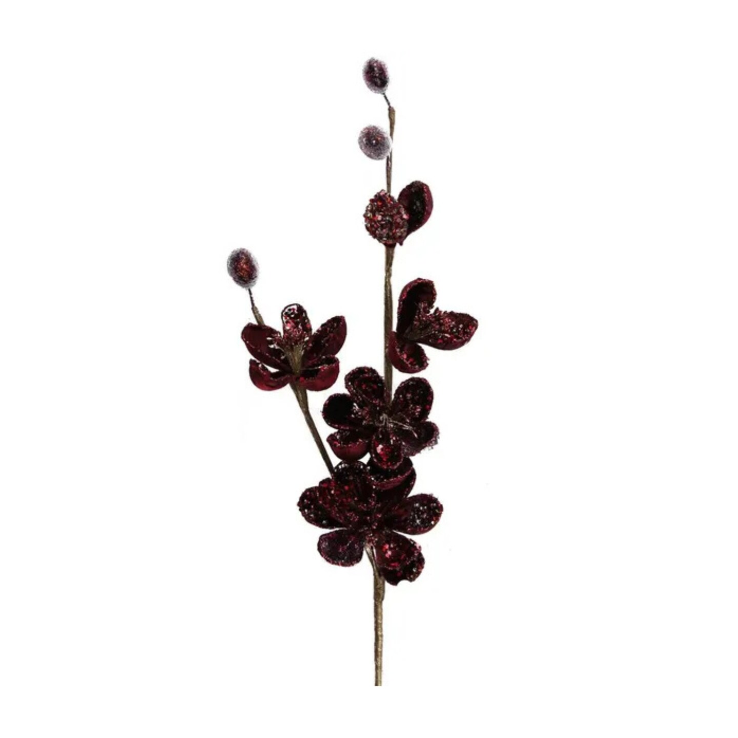 22" Burgundy Velvet Beaded Mini Magnolia Spray – Artificial Holiday Floral Stem-XS852905