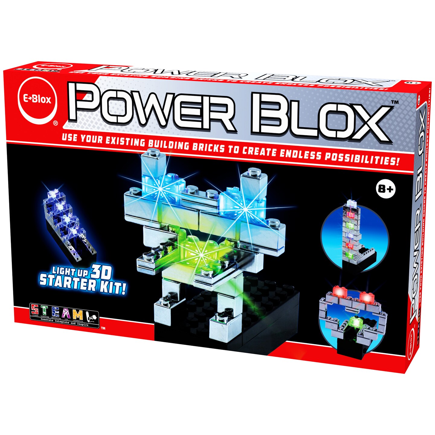 E-Blox: Power Blox: BYO Light Robot - 3-In-1  Kit, 3D Building Blocks, 25 pcs, Glowing LED Stacking Bricks, Build Your Own, DIY STEM Toy, Kids Ages 8+