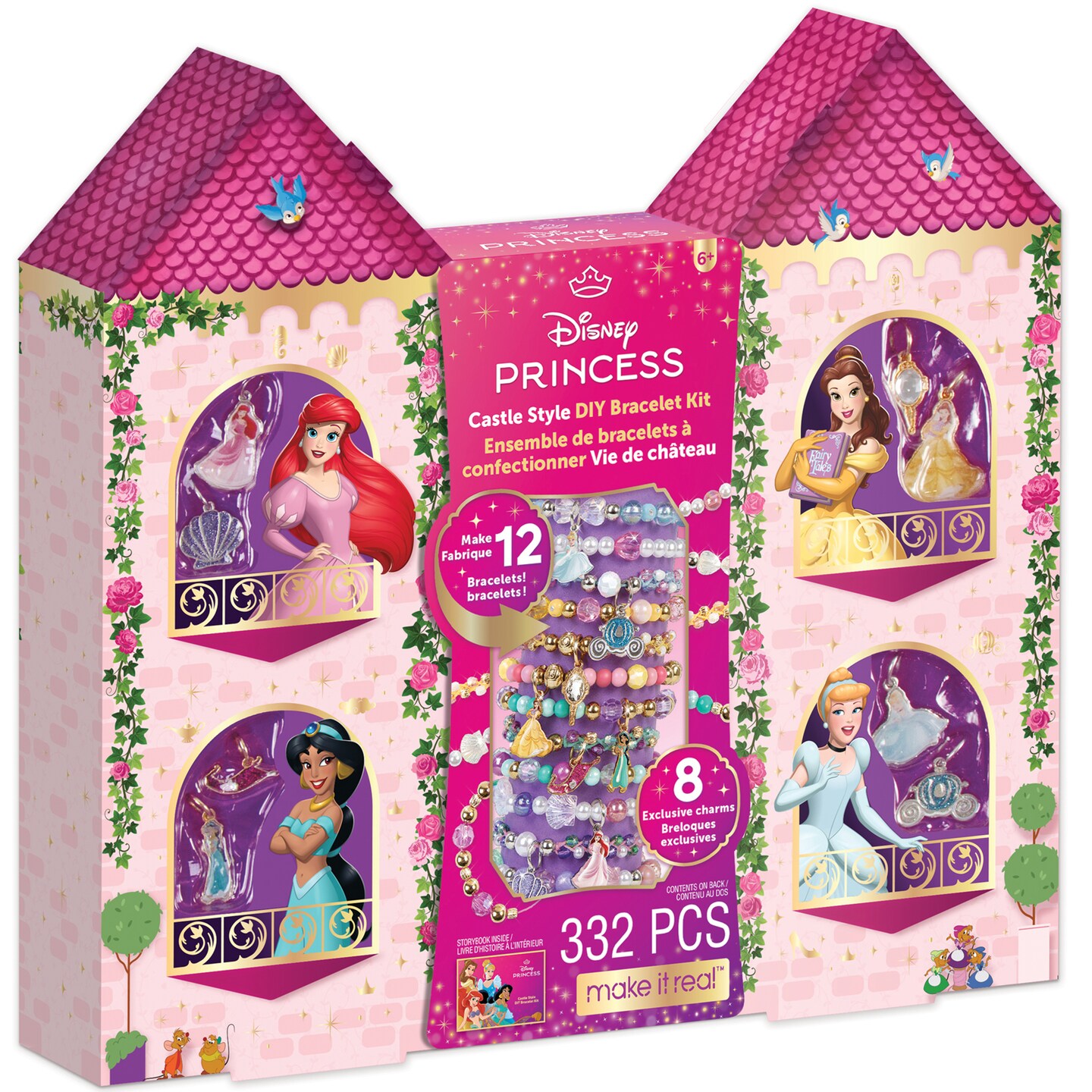 Make It Real: Disney Princess: Castle Style DIY Bracelet Kit - 332 pcs Jewelry Set, Create 12 Bracelets, 8 Exclusive Charms, Girls &#x26; Kids Ages 6+