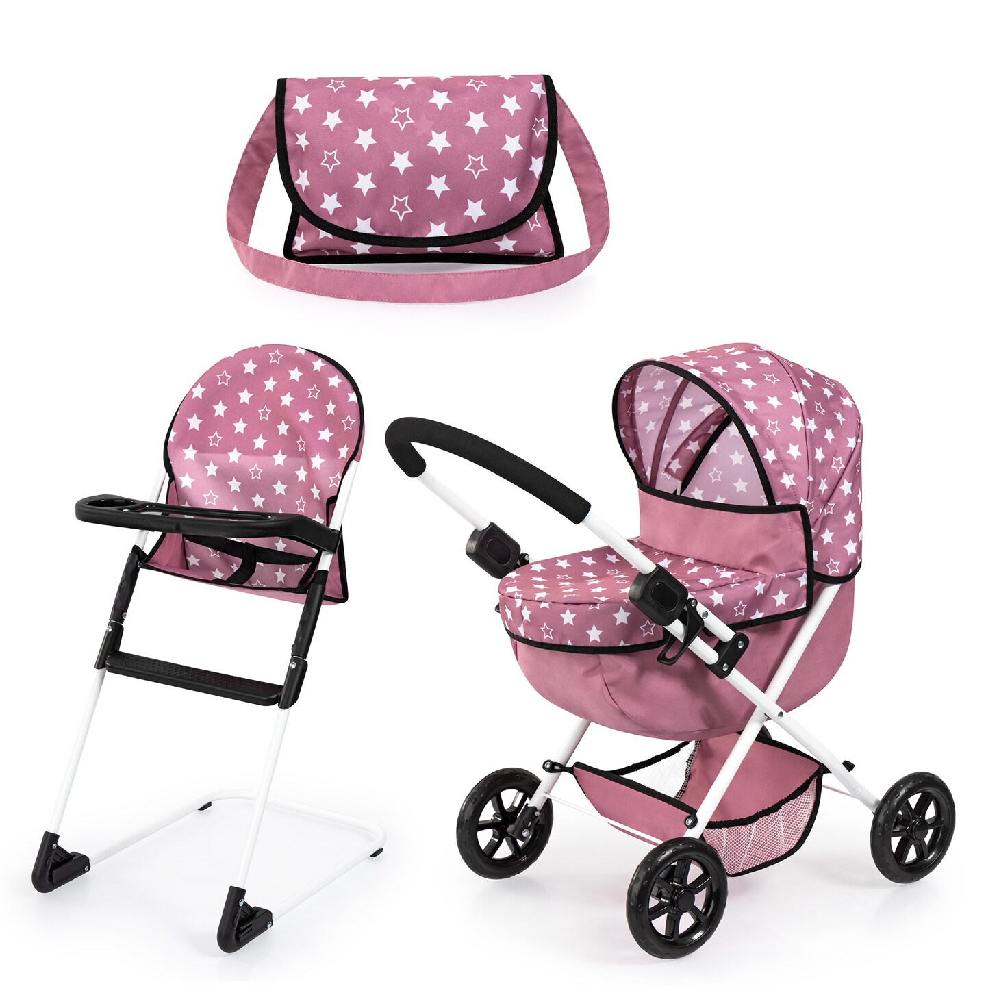 Bayer Design Dolls Cozy 3 Piece Set Pink White Stars Folding Pram Highchair Shoulder Bag Accessory Set For Dolls Up To 18