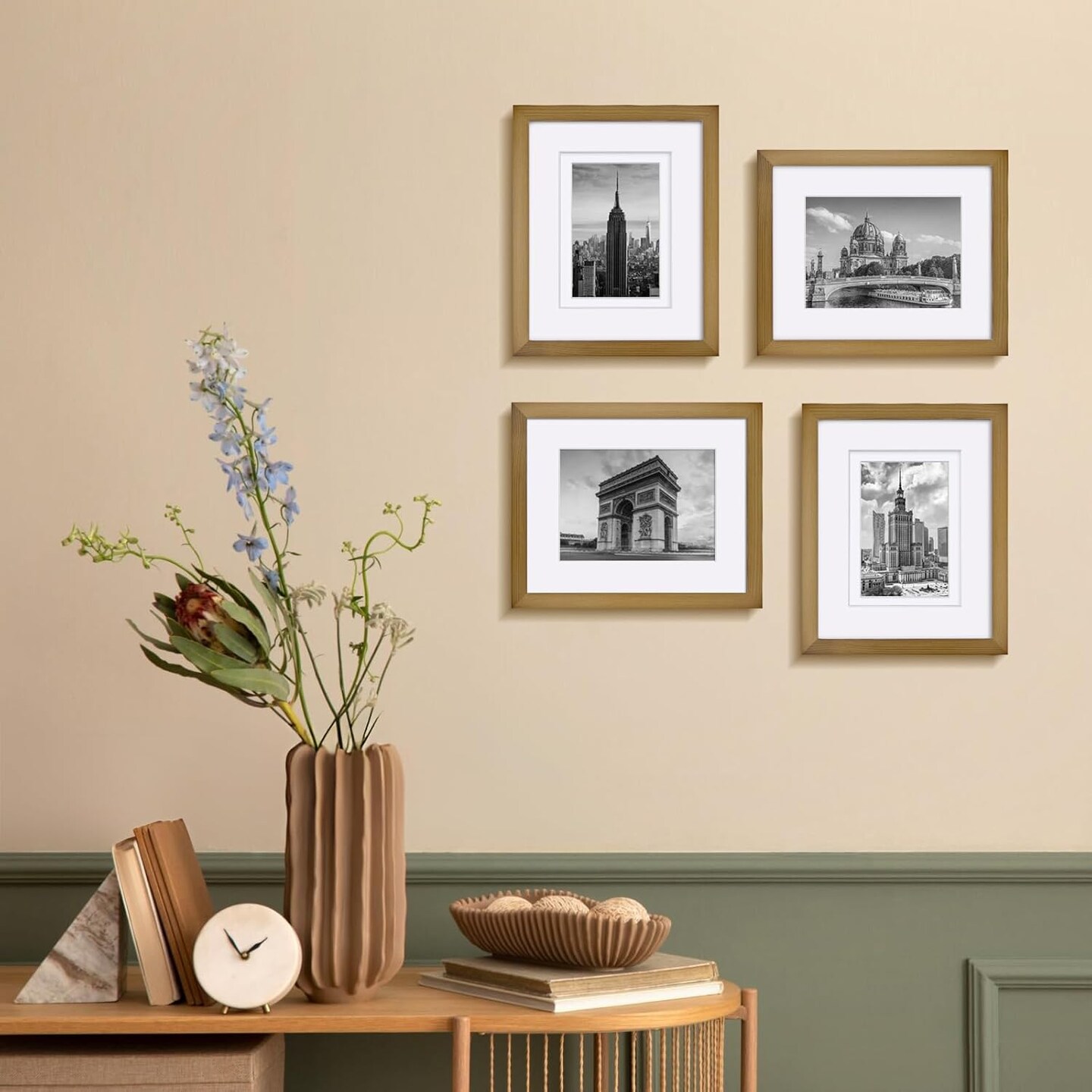 Picture Frames 4 Pack, for Pictures 4x6 or 5x7 with Mat Made of Solid Wood Covered by Plexiglass for Table Top Display and Wall Mounting Photo Frames, Light Brown