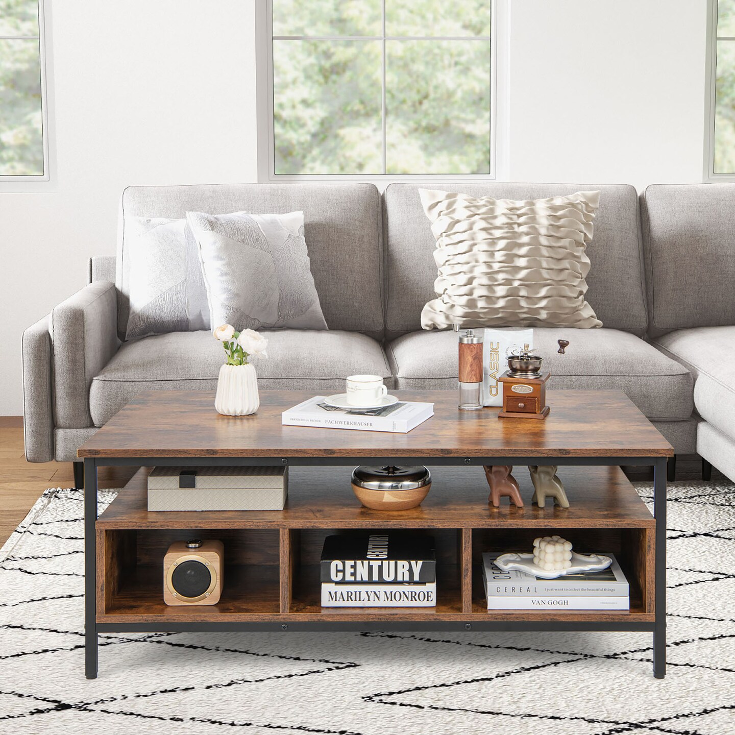 Costway Industrial Coffee Table with Open Storage Metal Frame Center Table for Living Room
