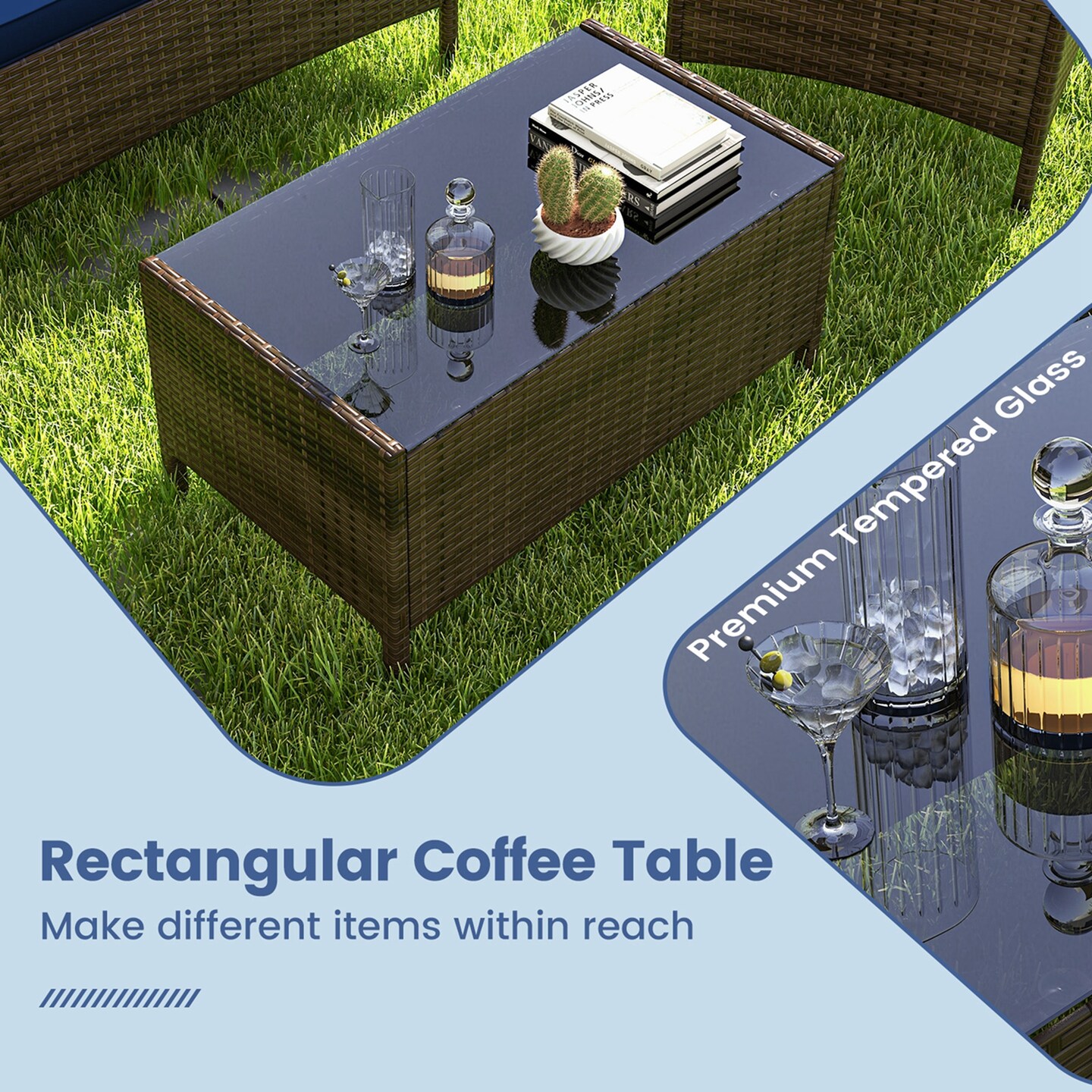 Costway 8 PCS Patio Furniture Set with Washable Cushions and Tempered Glass Coffee Table Black/Grey/Navy/Turquoise/Red/Blue/Orange