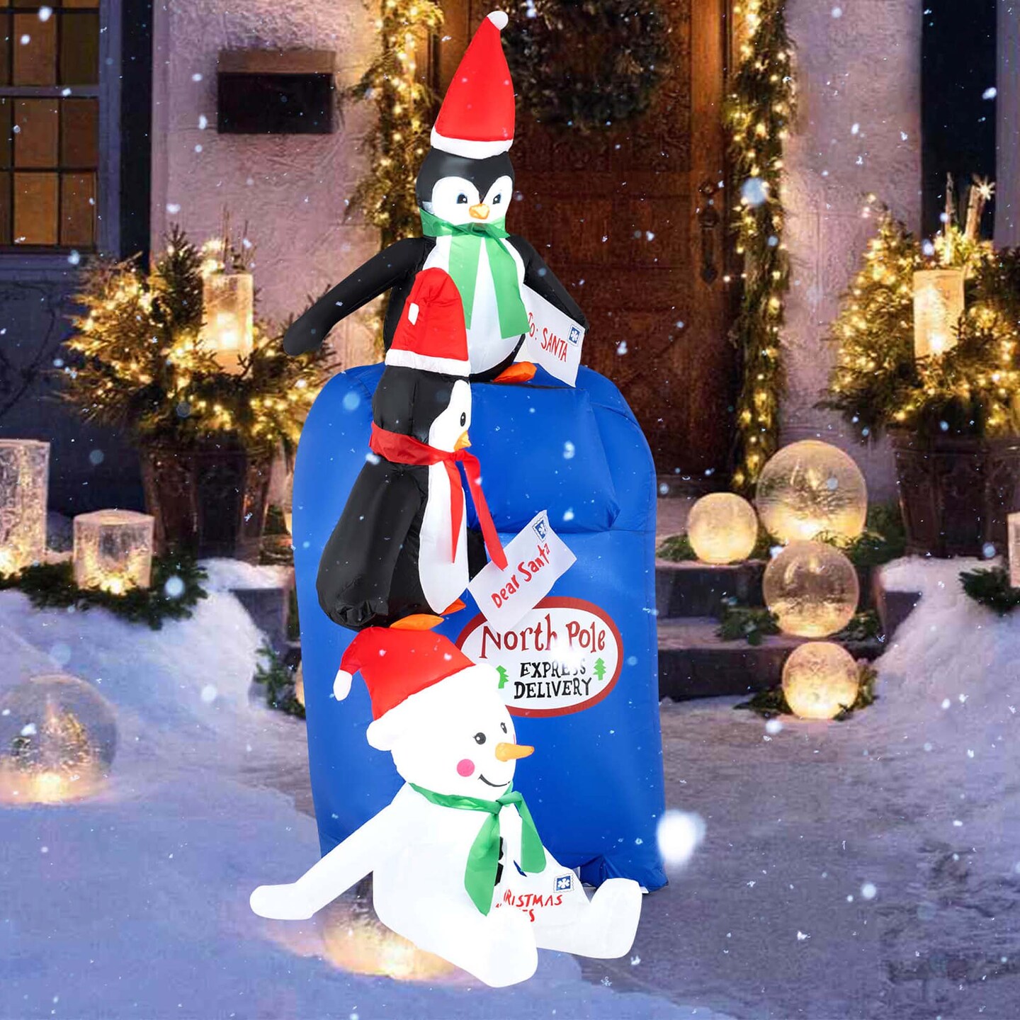 Costway 6 FT Christmas Blow up Pre-Lit Letters to Santa Mailbox with Penguins & Snow Man