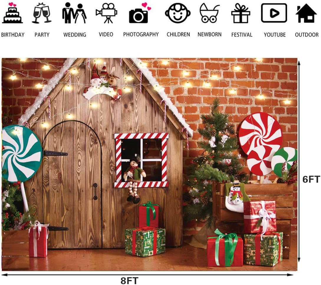 8X6ft Christmas Fabric Photography Backdrop Gingerbread House Candy Tree and Gifts for Kids Portrait Photo Studio Booth Photographer Props