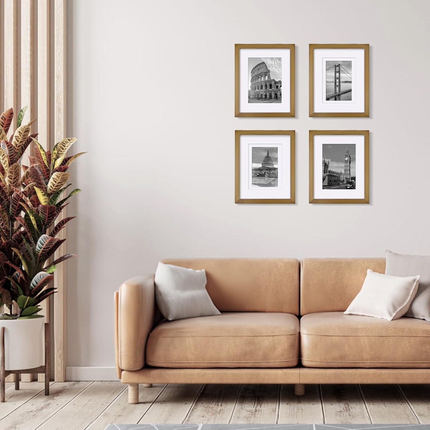 Picture Frames 4 Pack, for Pictures 4x6 or 5x7 with Mat Made of Solid Wood Covered by Plexiglass for Table Top Display and Wall Mounting Photo Frames, Light Brown