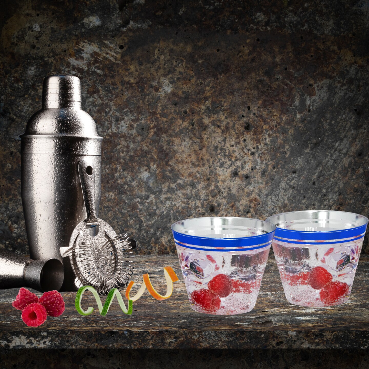 110 Pack 9 oz Disposable Clear Plastic Cups| Blue Rimmed Disposable Wine Cocktail Cups