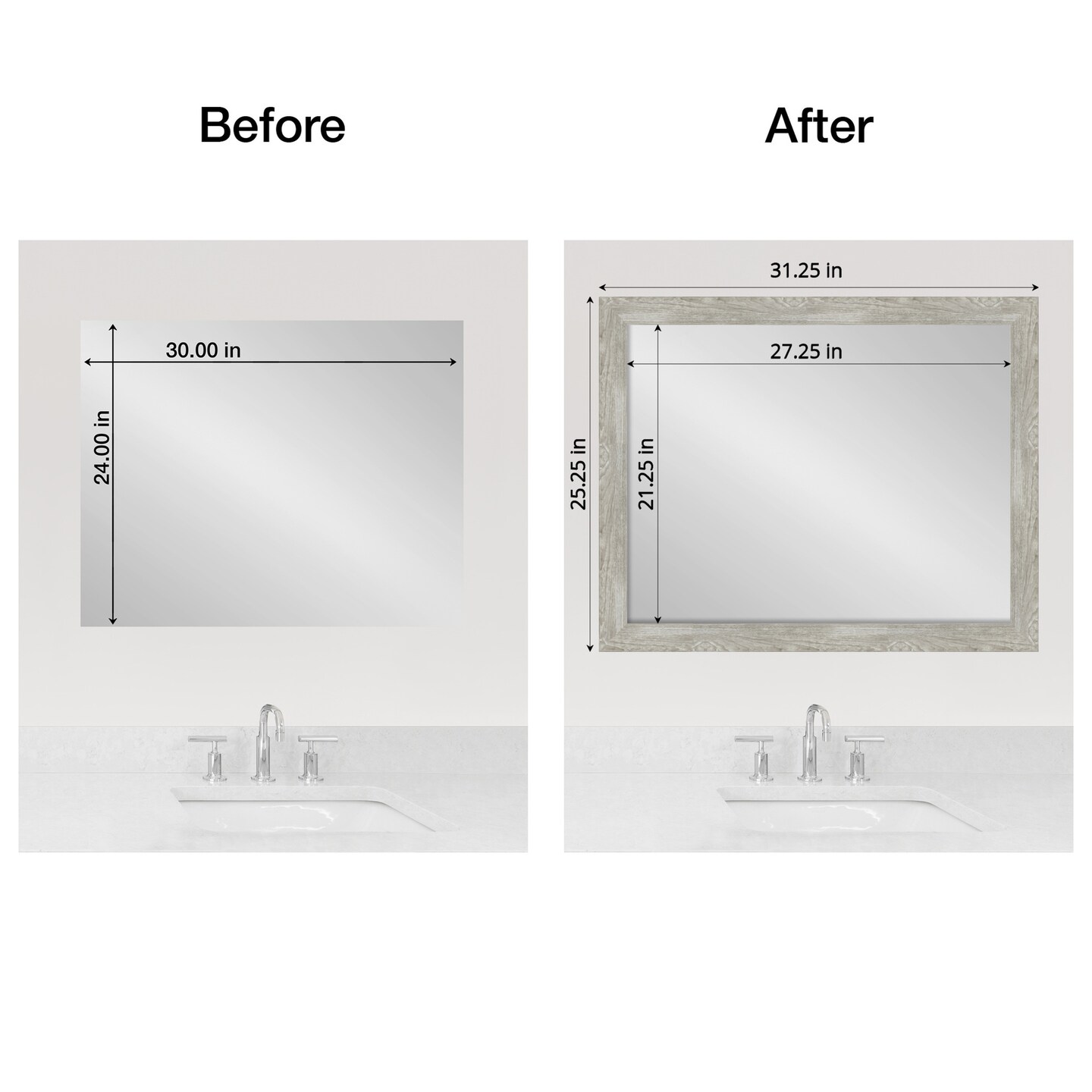 Amanti Art Mirror Makeover Bathroom Mirror Frame Border Kit - Fully Assembled Peel and Stick Frame - Mirror NOT Included - Dove Greywash Narrow Trim