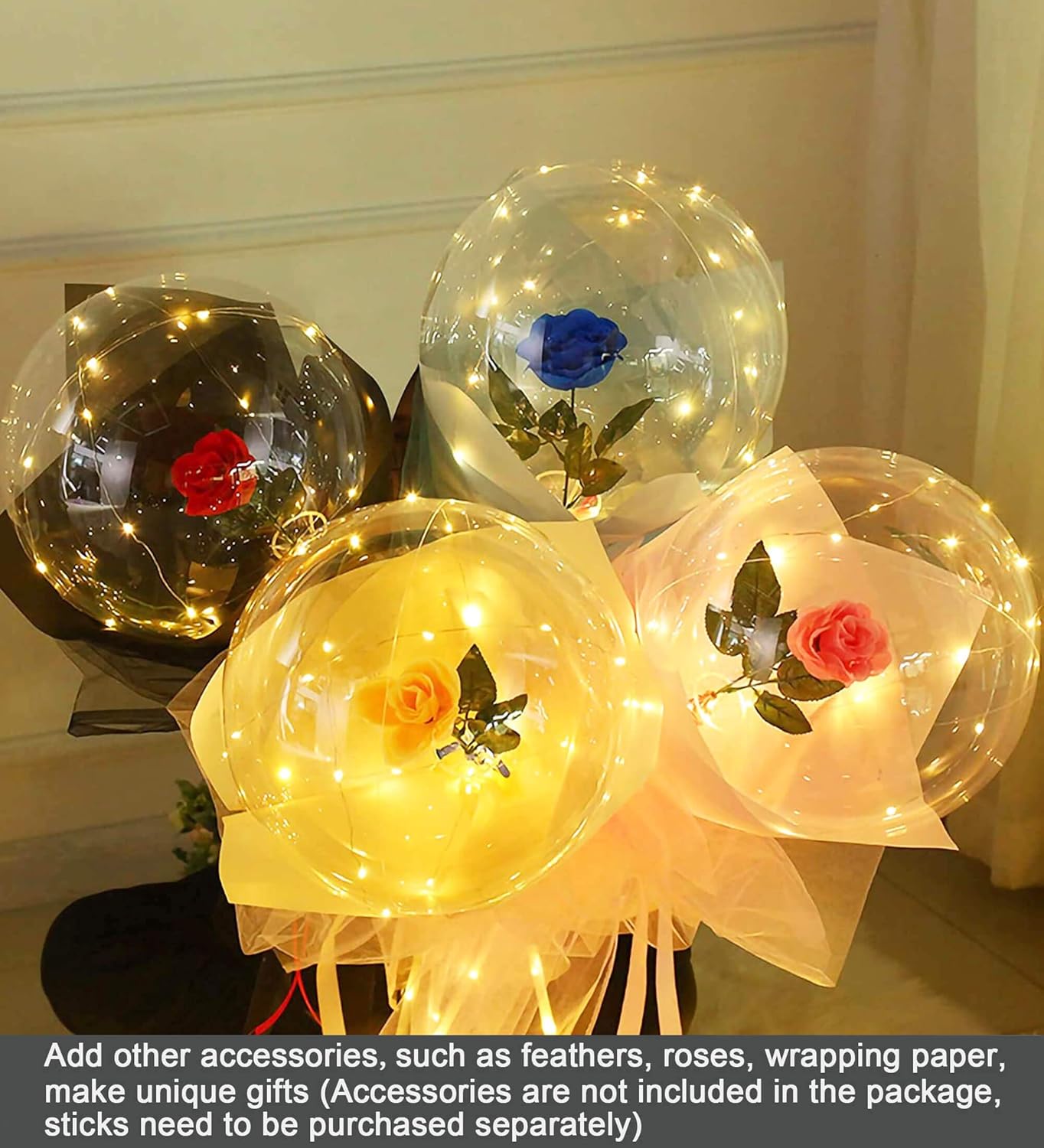 LED Light-Up Balloons 10 Pack – 20-Inch Clear Helium Bobo Glow Bubble Balloons with String Lights for Wedding, Birthday, Halloween, Christmas, Valentine’s Day Party Decorations