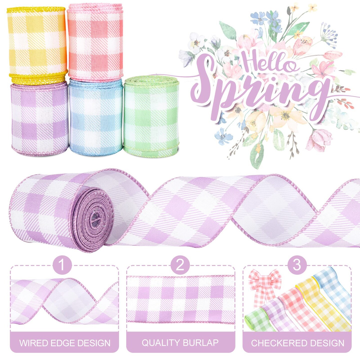 Spring Wired Edge Ribbon 30 Yards Pastel Buffalo Plaids Craft Ribbon Light Blue Yellow Pink Purple Green Decorative Fabric Ribbon for Easter Wreath Bow Making DIY Crafts Wrapping, 5 Roll