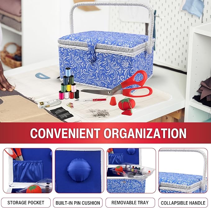 Sewing Basket with Sewing Kit, Needles, Thread, Pins, Scissors, and Notions, Deliah Scroll,