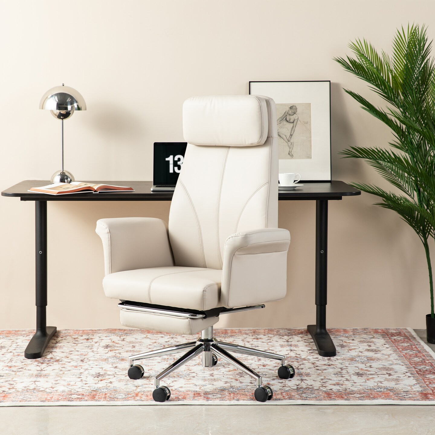 Modern Deluxe Faux Leather Gaslift Adjustable Swivel High Back Office Chair with Footrest and Armrest