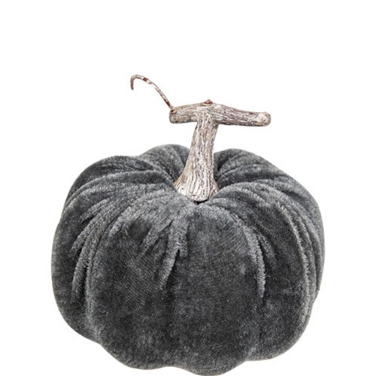 Grey Velvet Foam Pumpkin with Distressed Stem, Fall Accent Decor