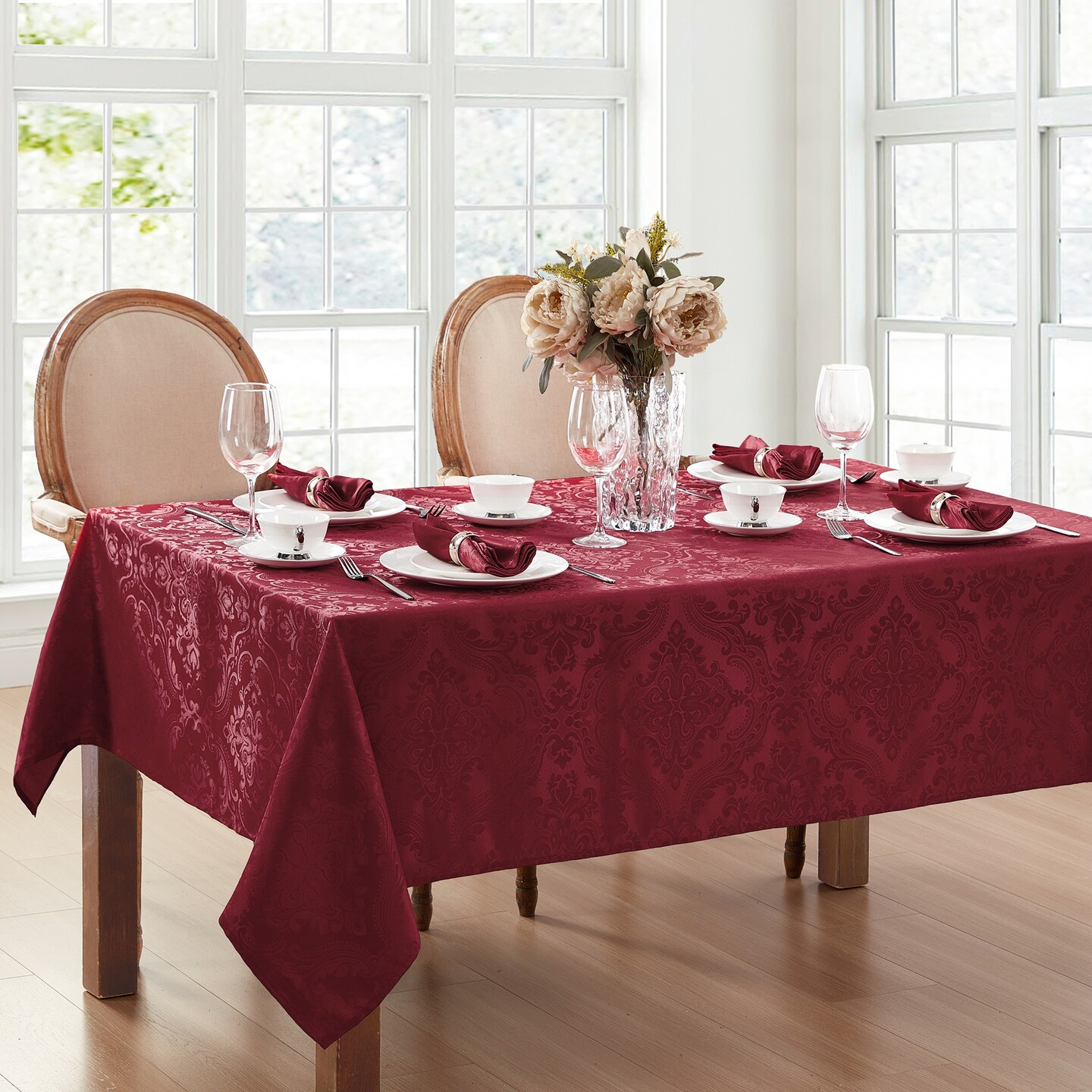 Threadmade Home Caiden Elegance Damask Tablecloth, Cranberry - 60"W x 144"L
