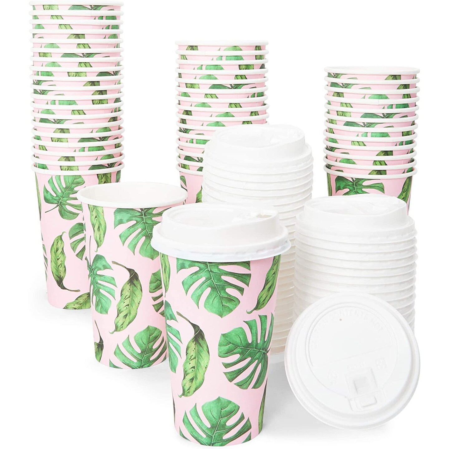 48 Pack Disposable 16oz Coffee Cups with Lids, Paper To Go Coffee Cups for Themed Birthday Party, Wedding, Baby Shower (Tropical)