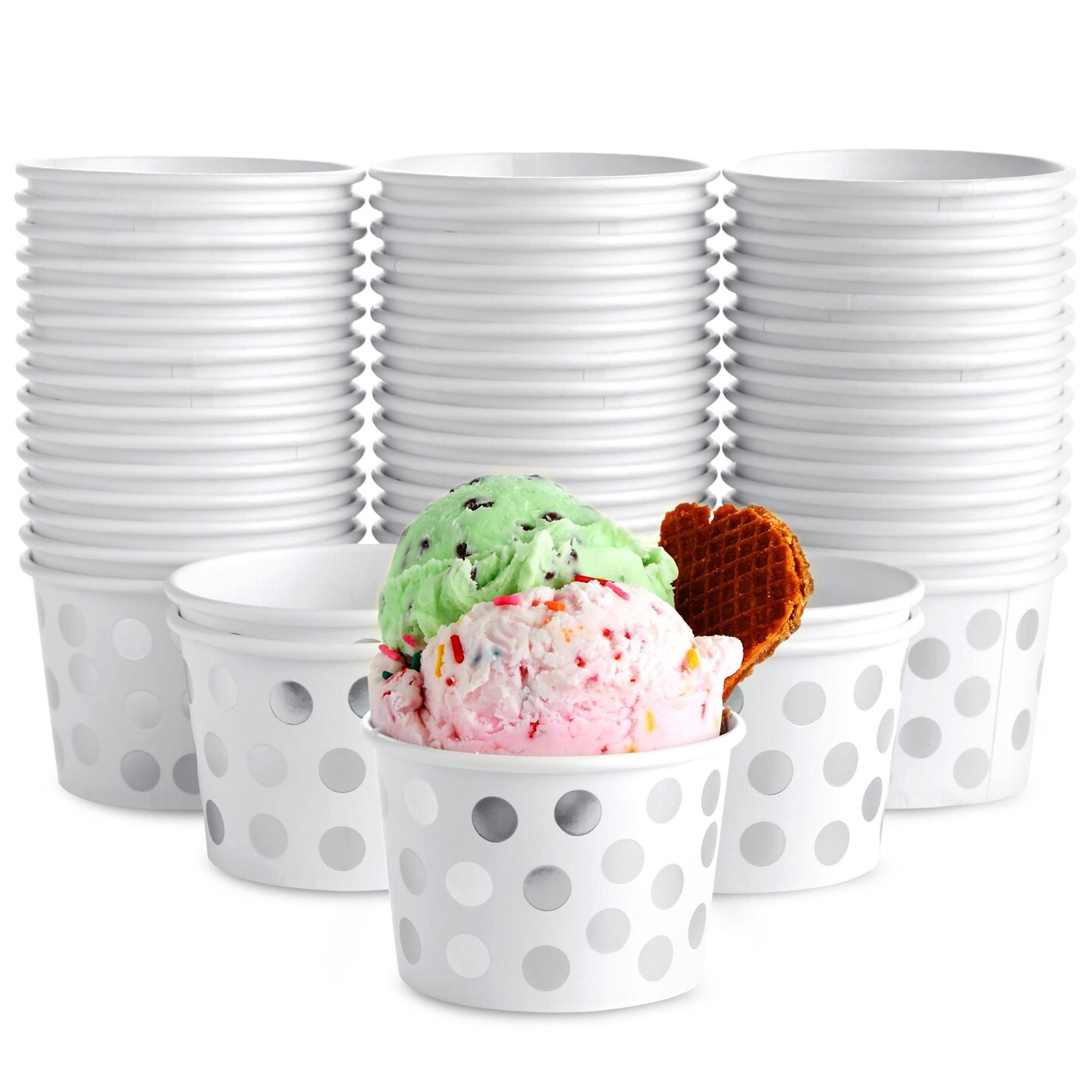 50 Pack Paper Ice Cream Cups for Frozen Yogurt, Disposable Dessert Bowls with Silver Foil Polka Dots (8 oz)
