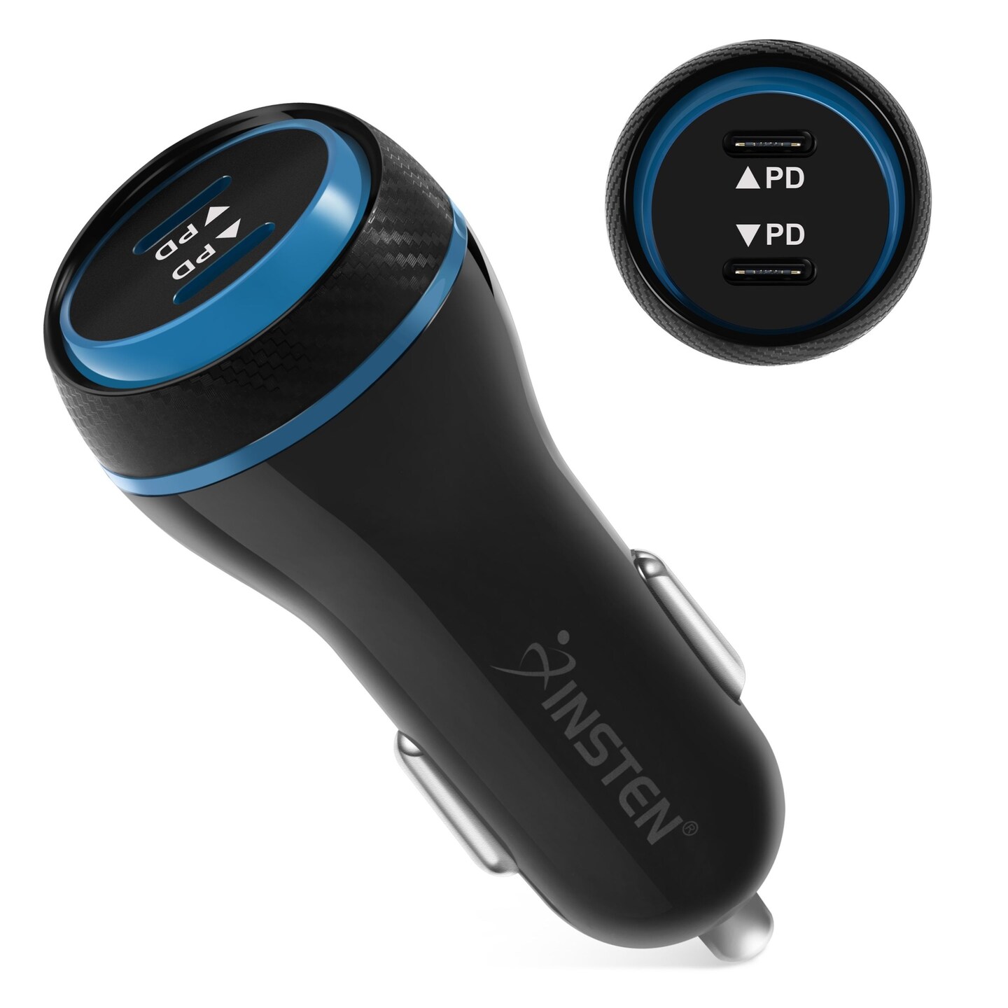 Insten 47W 2-Port USB-C PD Fast Charging Car Charger Compatible With iPhone Android Cell Phone Universal