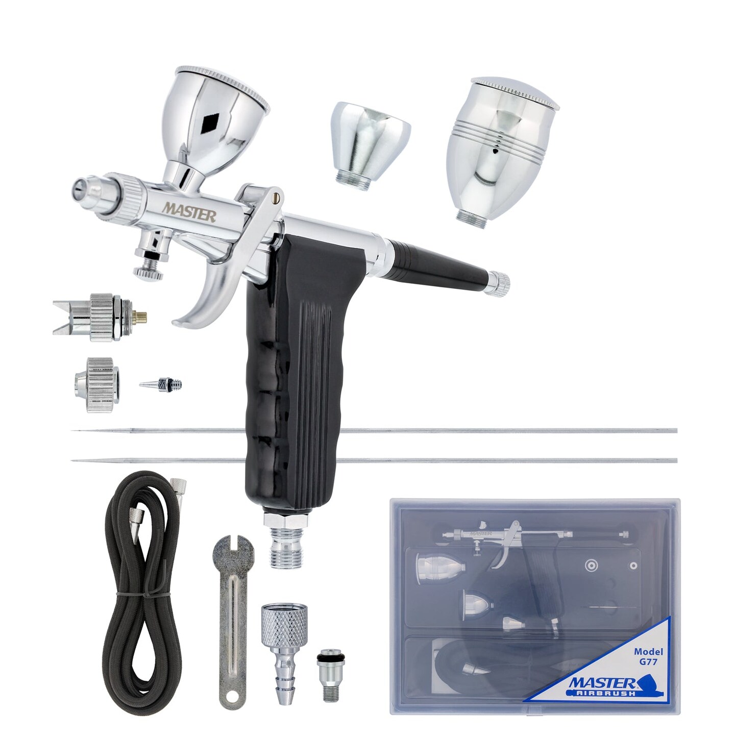 G77 Pistol Trigger Fixed Dual-Action Gravity Feed Airbrush, 2 Nozzle Sets (0.3 &#x26; 0.5mm), Spray Gun Fan Head, Round Pattern Head, 3 Cup Sizes, 6&#x27; Hose
