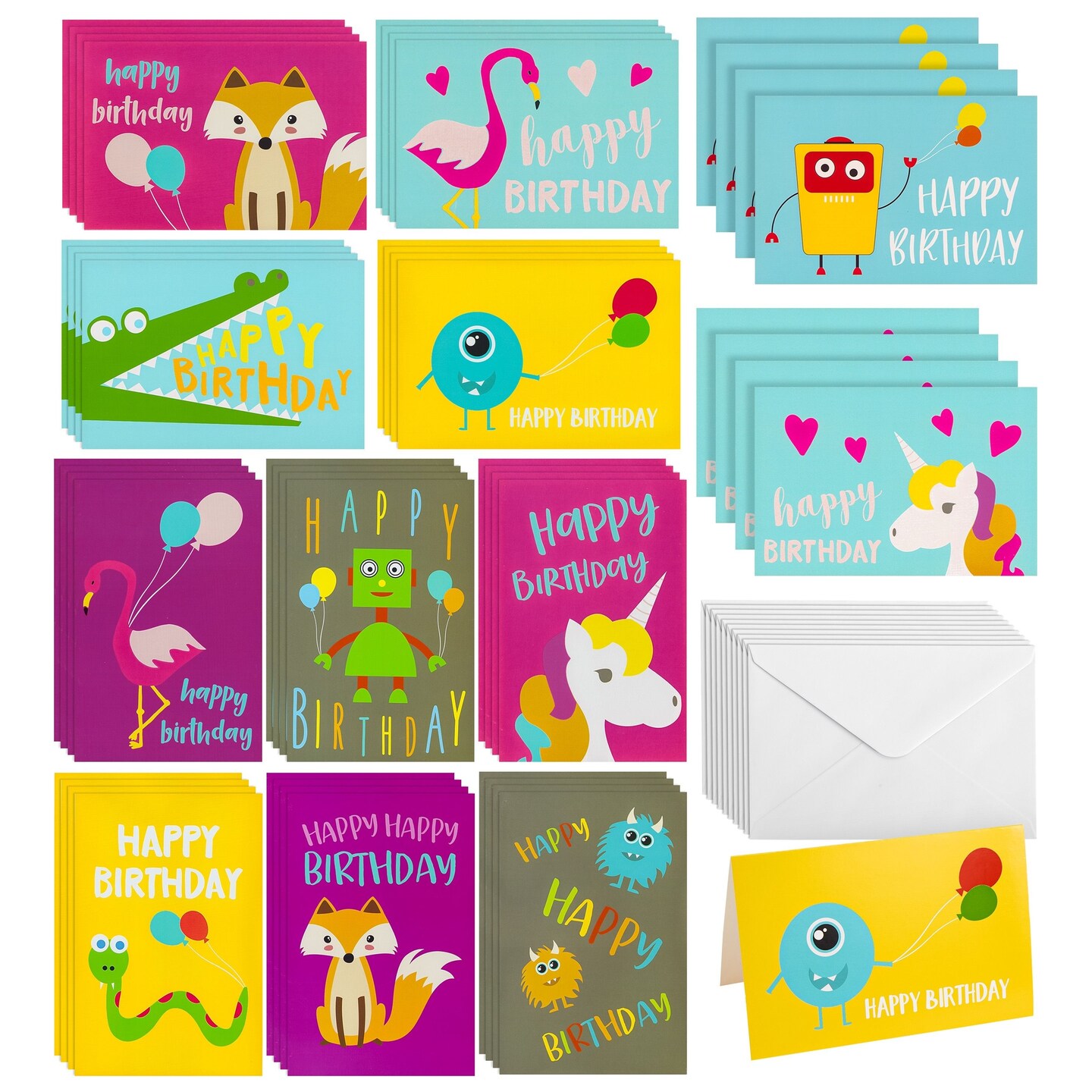 Best Paper Greetings Happy Birthday Cards for Kids Assortment - 48-Pack, 4 x 6 In, Multicolor - Blank Inside & with Envelopes - Assorted Cartoon Designs