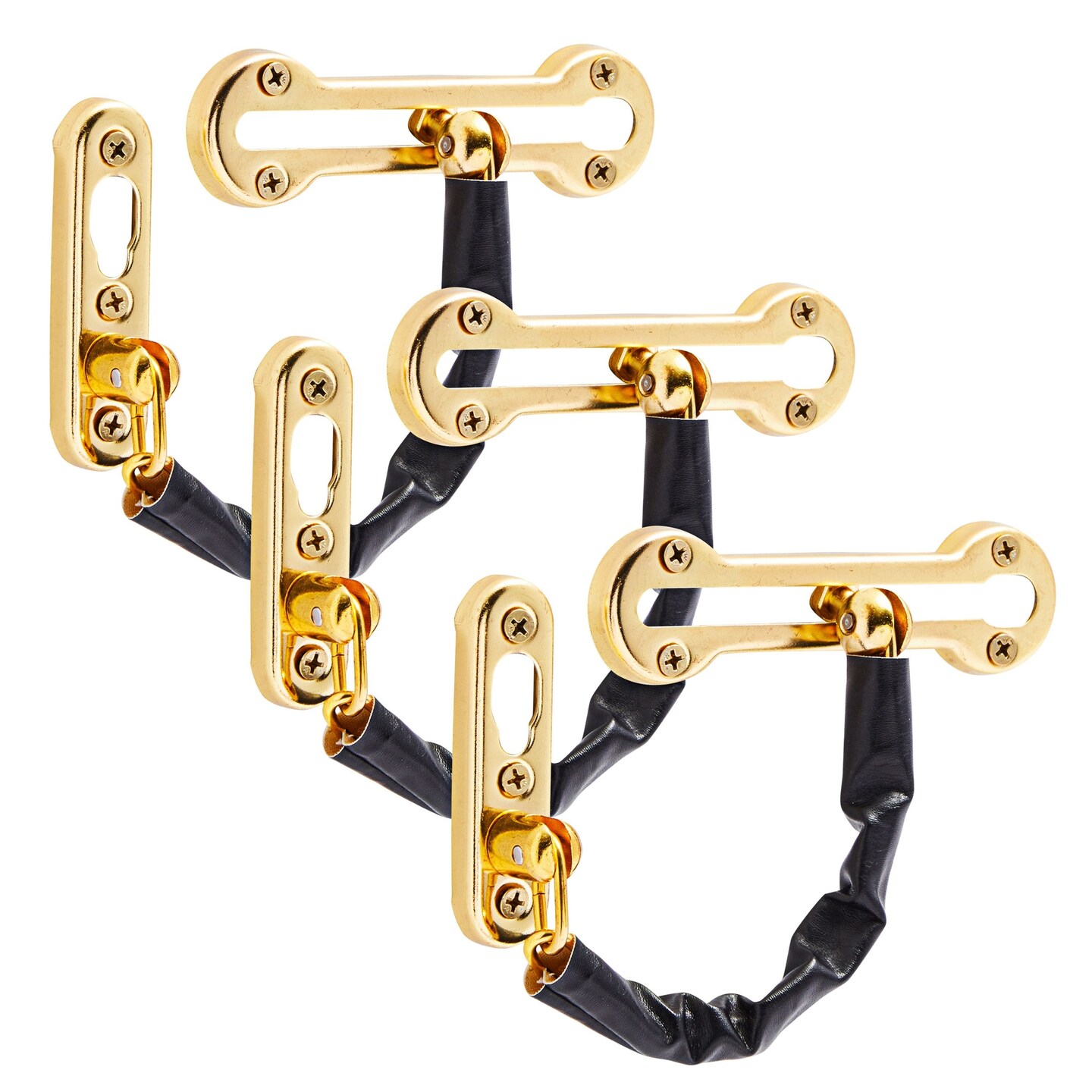 3-Pack Stainless Steel Chain Door Lock with Faux Leather Chain Sleeve, 7.2-Inch Slide-Type Safety Chain Locks for Inside Door, Single-Hung and Double-Hung Windows (Gold)