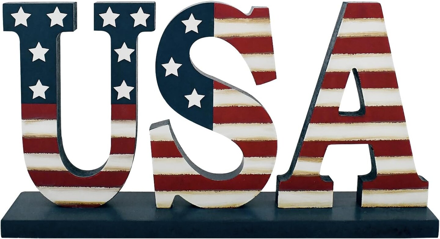 4th of July Wood Patriotic USA Sign Memorial Day Tabletop Decoration Free Standing Wooden Word Cutout US Flag Letters Centerpiece Sign for Independence Day Veterans Party American Decor