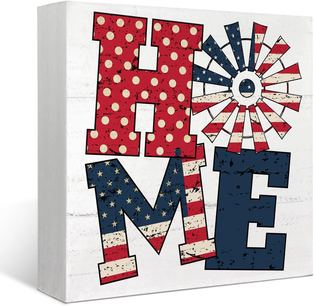 4th of July Decorations Indoor Tiered Tray Decor Patriotic Wood Box Sign Desk Tabletap Decor Rustic Farmhouse Independence Day Retro Home Tabletop for Patriot Day (American) 5 x 5 Inch