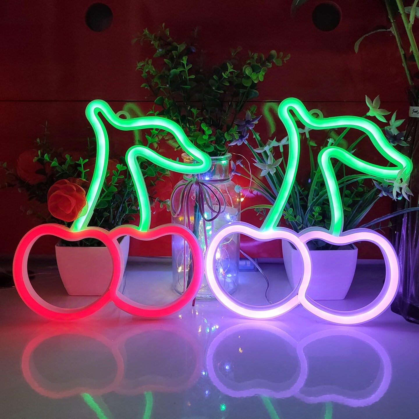 Summer Cherry Neon Sign, USB or 3-AA Battery Powered Neon Light, LED Table Decoration, Bedroom Wall Decoration, Birthday Gift, Wedding Supplies Business Gift (Green+Pink)