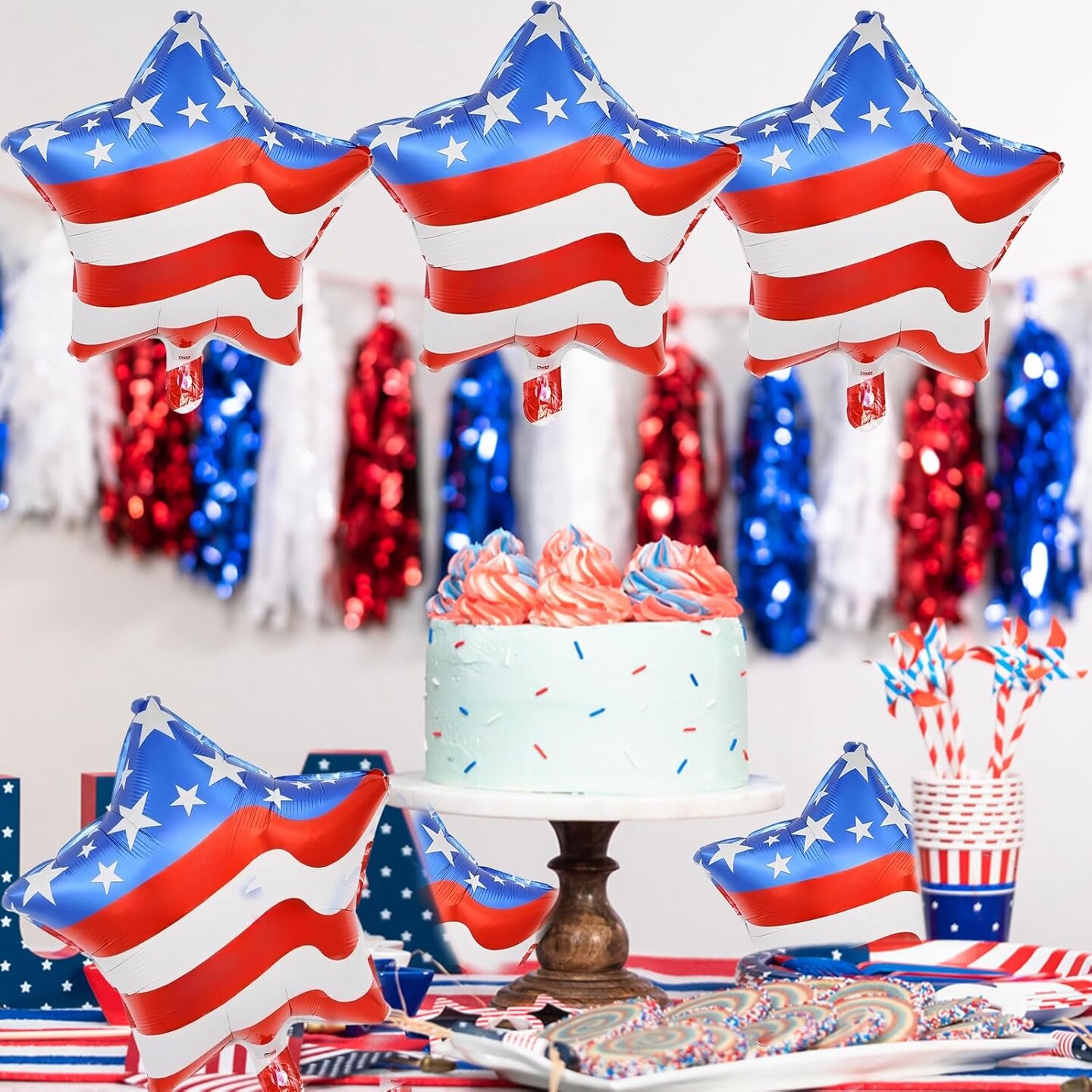 18 Pieces 18 Inches American Flag Stars Balloons, USA Red White Blue Aluminum Foil Balloons for 4th of July, Independence Day Patriotic Birthday Party Decorations