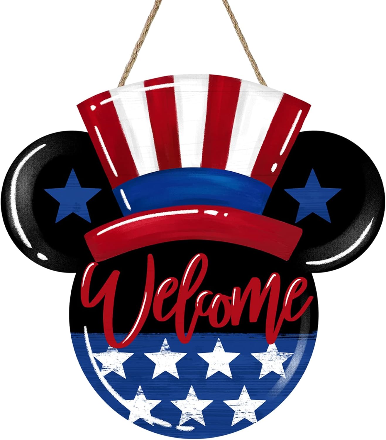 Welcome 4th of July America Patriotic Sign for Front Door Decor, American Stars Stripes Wood Hanger for Outdoor Outside Porch, USA Memorial Day Door Wreath Indoor Wall Hanging Decoration