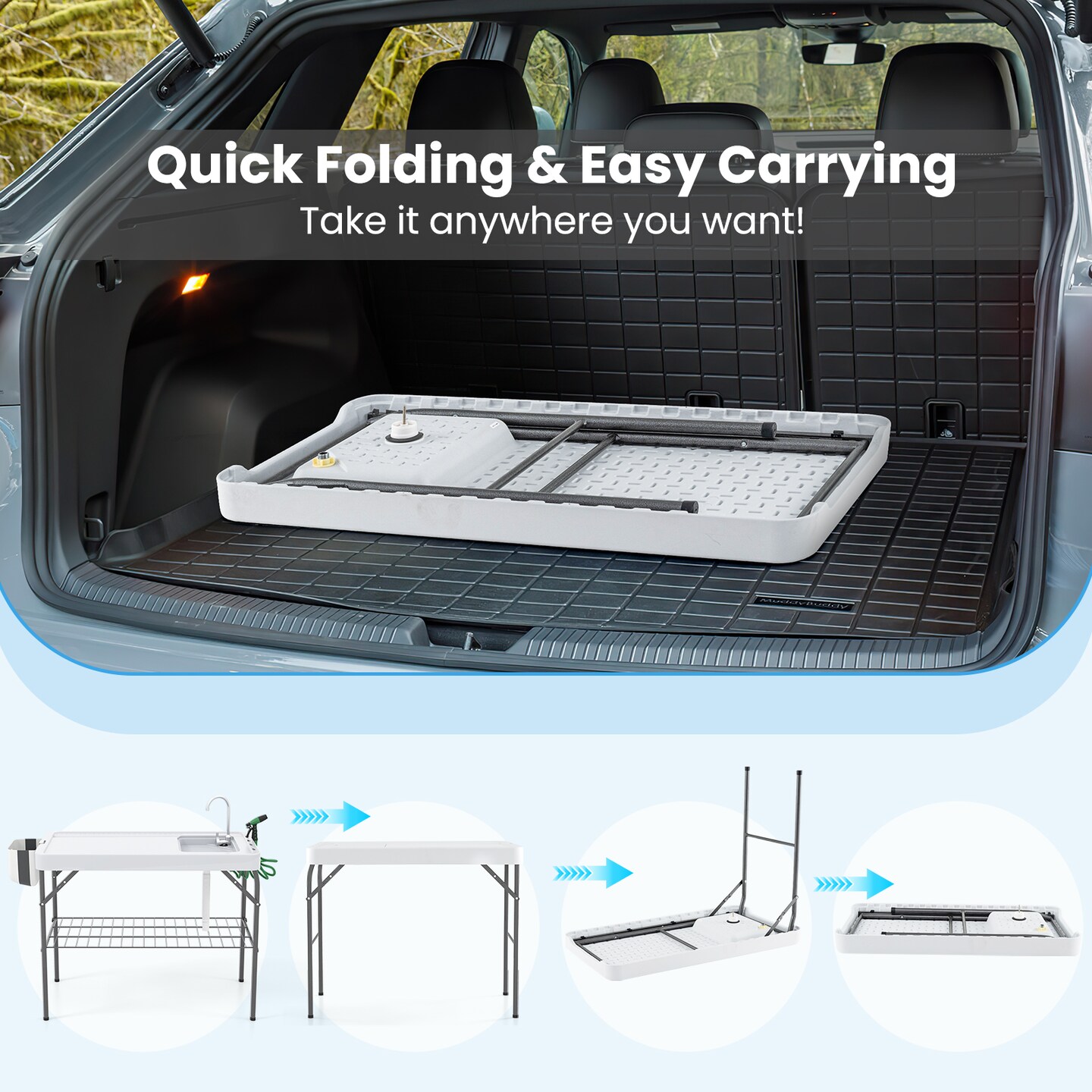 2 in 1 Foldable Fish Cleaning Workstation with Adjustable Drain Hose and Metal Frame