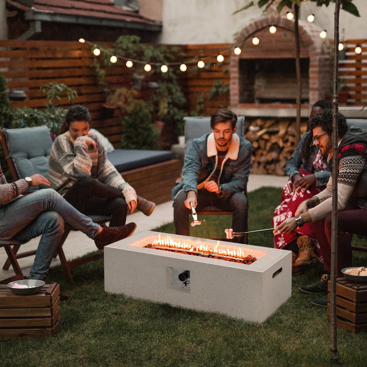 White Terrazzo Fire Pit Table with 50,000 BTU Heat, Metal and Stainless Steel