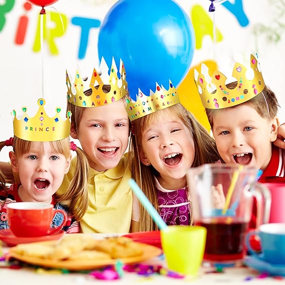 63 pcs Paper Crowns Princess Prince Crown Kids Birthday Party King Hats Gold gem Jewels Number Letter Stickers