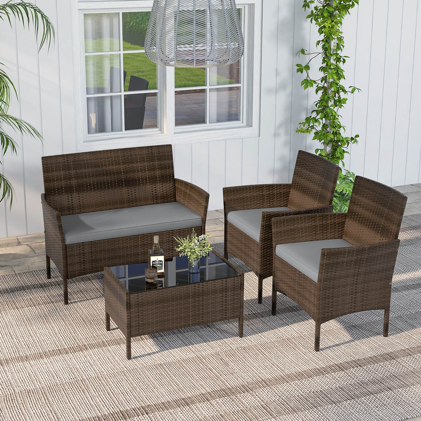 Costway 4 PCS Patio Furniture Set with Washable Cushions and Tempered Glass Coffee Table Beige/Black/Navy/Grey/Turquoise/Red/Blue/Orange