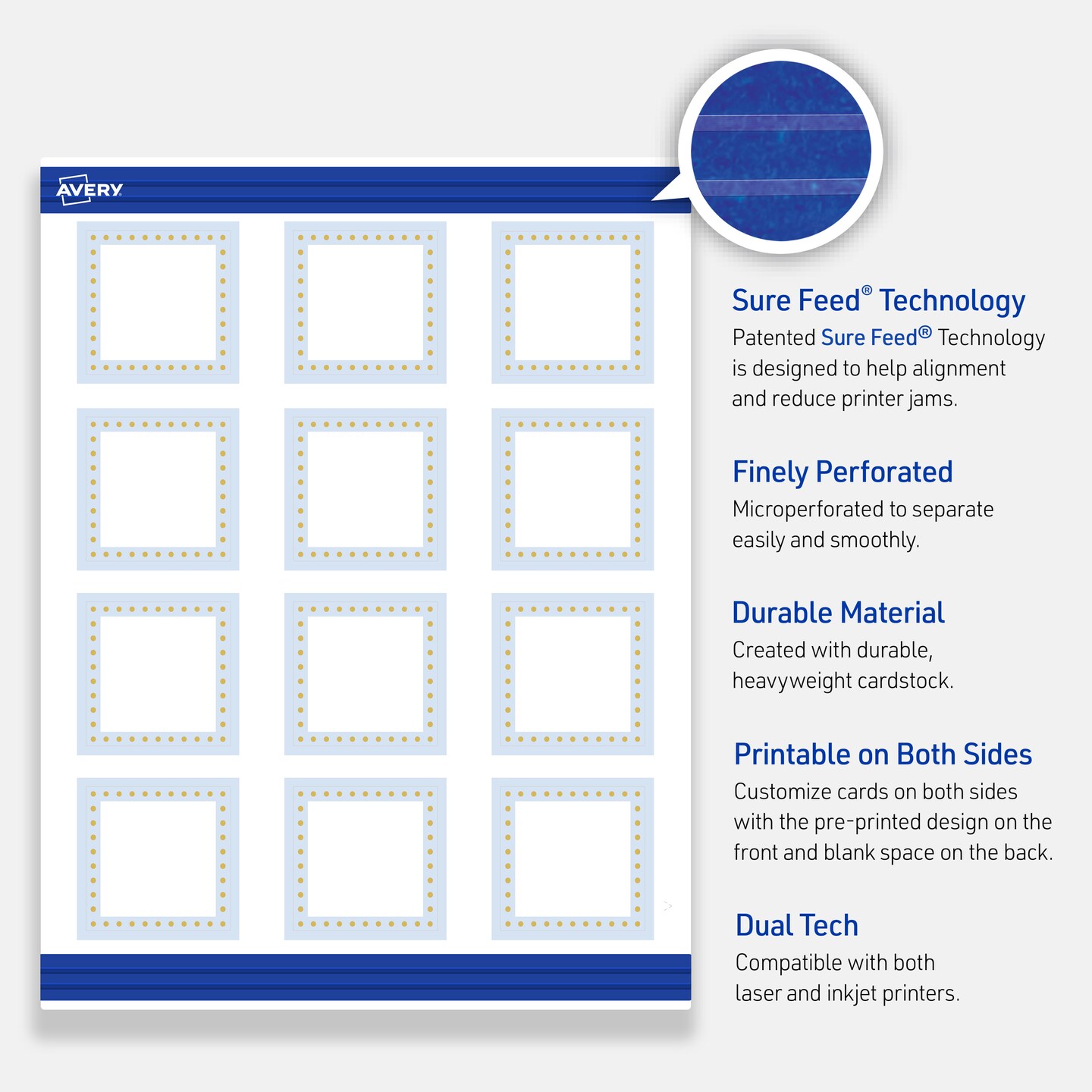 Avery Printable Square Cards, Gold Dots with Blue Border, 2&#x22; x 2&#x22;, Matte White Square Cards, Laser/Inkjet, 120ct, Great for Business Cards