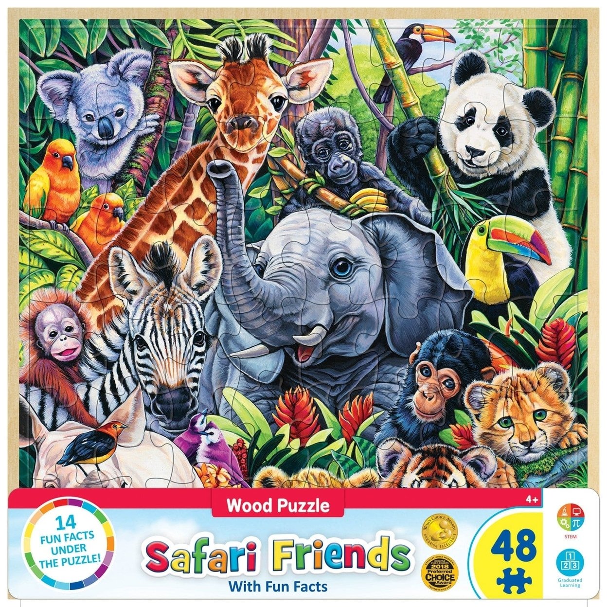 Safari Friends 48 Piece Jigsaw Puzzle Wood Fun Facts Animal Learning 11X11