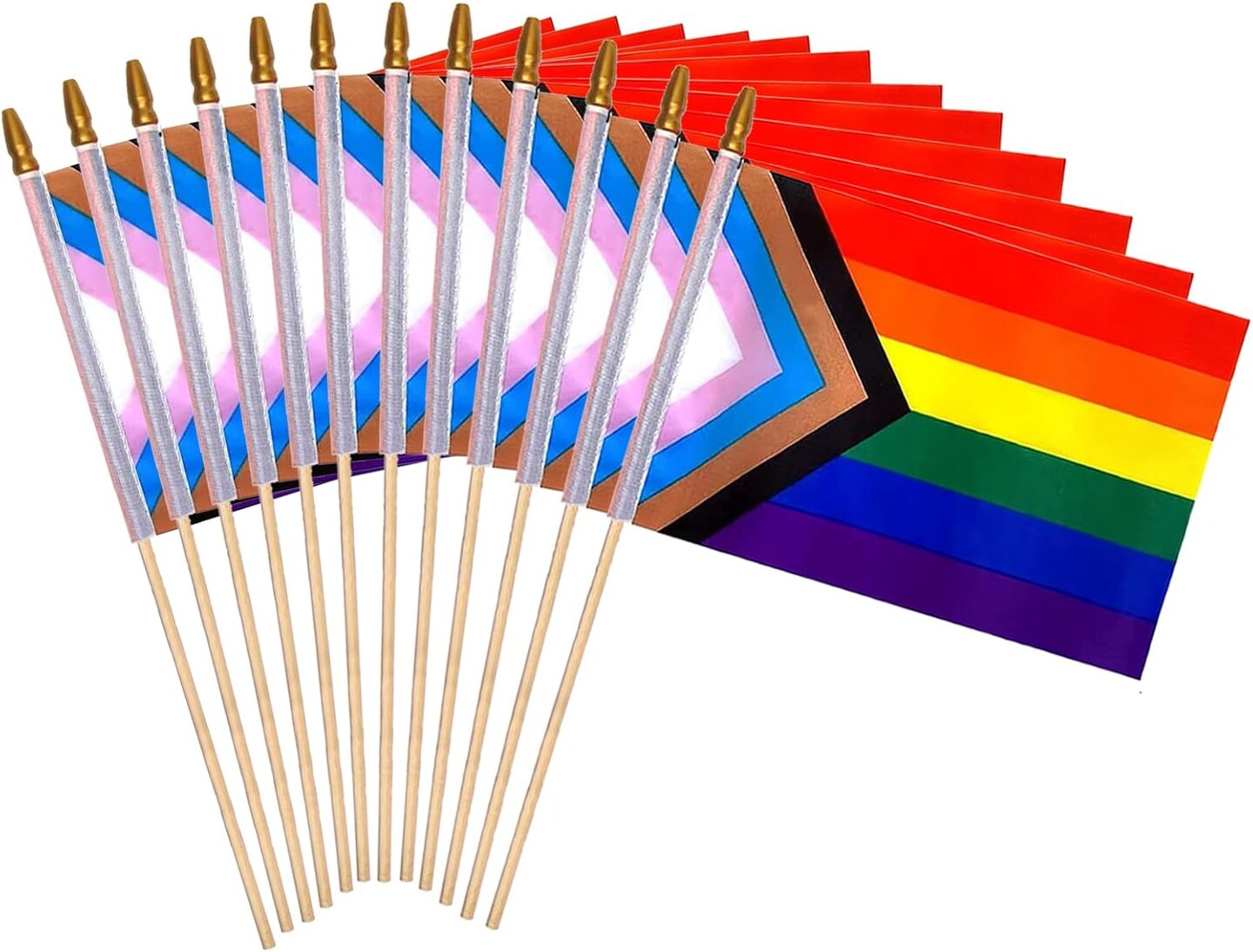 12Pcs Progress Rainbow Pride Flag 8x12 Inch Small Rainbow Flag on Stick, Mini Small Hand Held Pride Flags for LGBTQ Lesbian Gay Transgender, Perfect for Pride Events, Pride Month, Rainbow Festival (8×12 inch(12 Pcs))