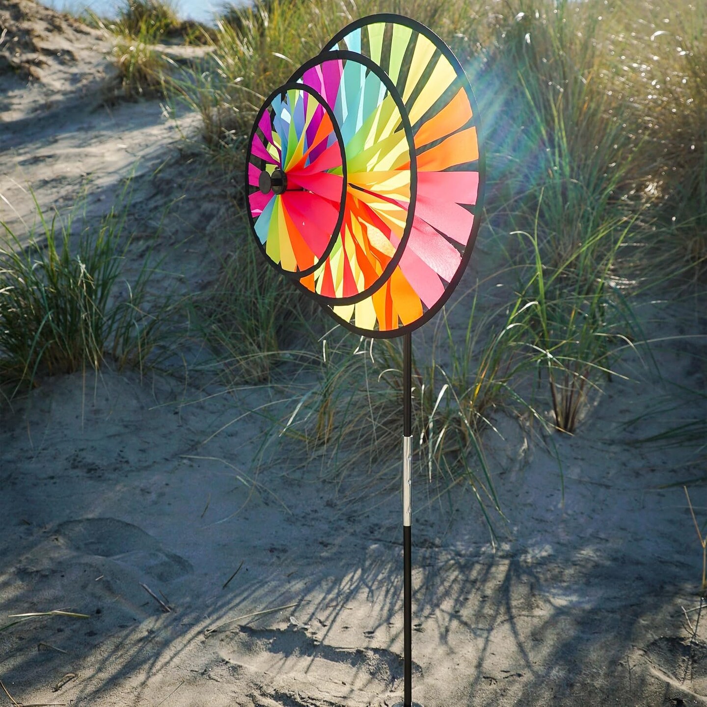 In the Breeze 2614 &#x2014; Fiesta Triple Wheel Spinner &#x2014; Colorful, Mesmerizing Wind Spinner for Yards and Gardens