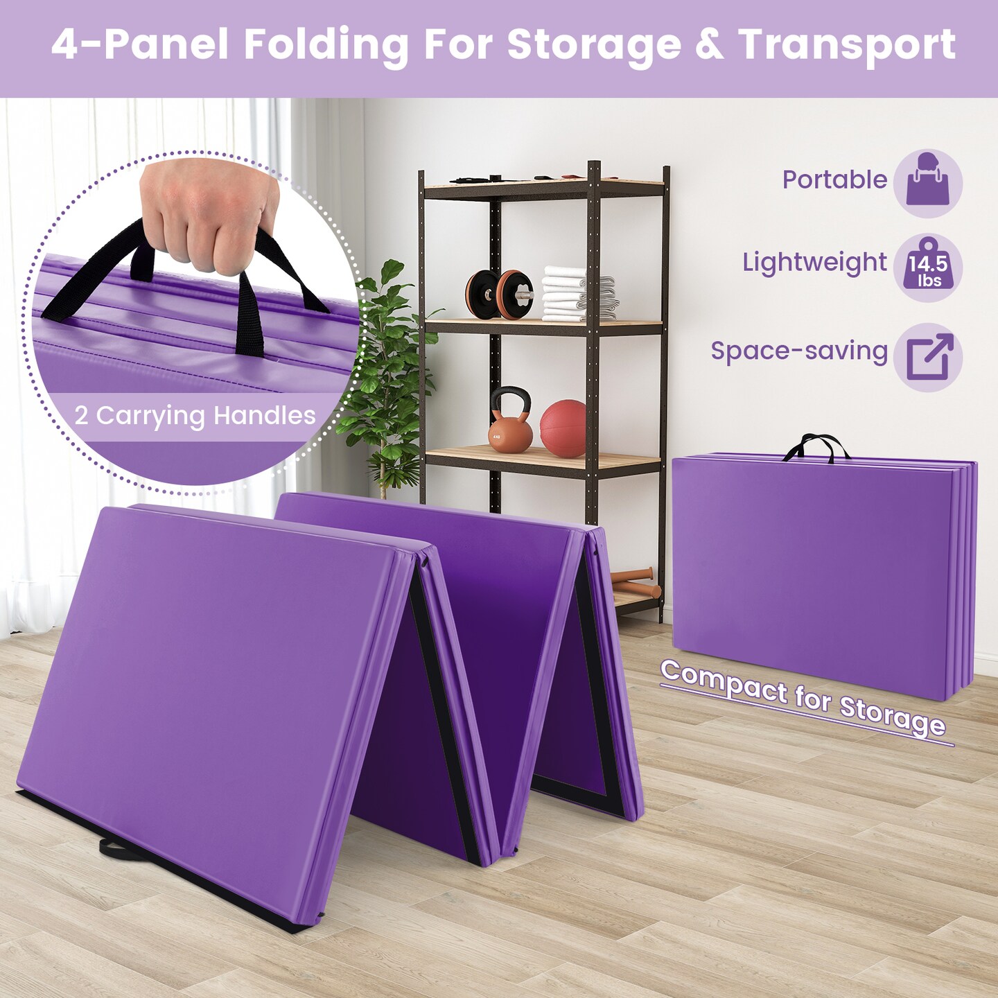 4-Panel PU Leather Folding Exercise Mat with Carrying Handles and Hook and Loop Fasteners